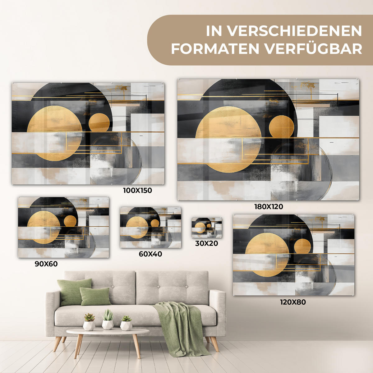 ACRYLGLASBILD Abstrakt - Gold - Silber - Formen - Ästhetisch - Modern 120x80 cm - Goldfarben, Glas (120/80cm) - MuchoWow