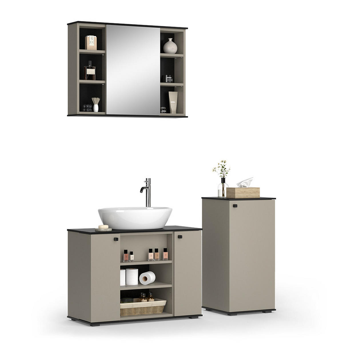 BADMÖBEL-SET Joli Greige 3 Teile, mit Midischrank - Greige/Schwarz, Holzwerkstoff (80/59/37cm) - Vicco