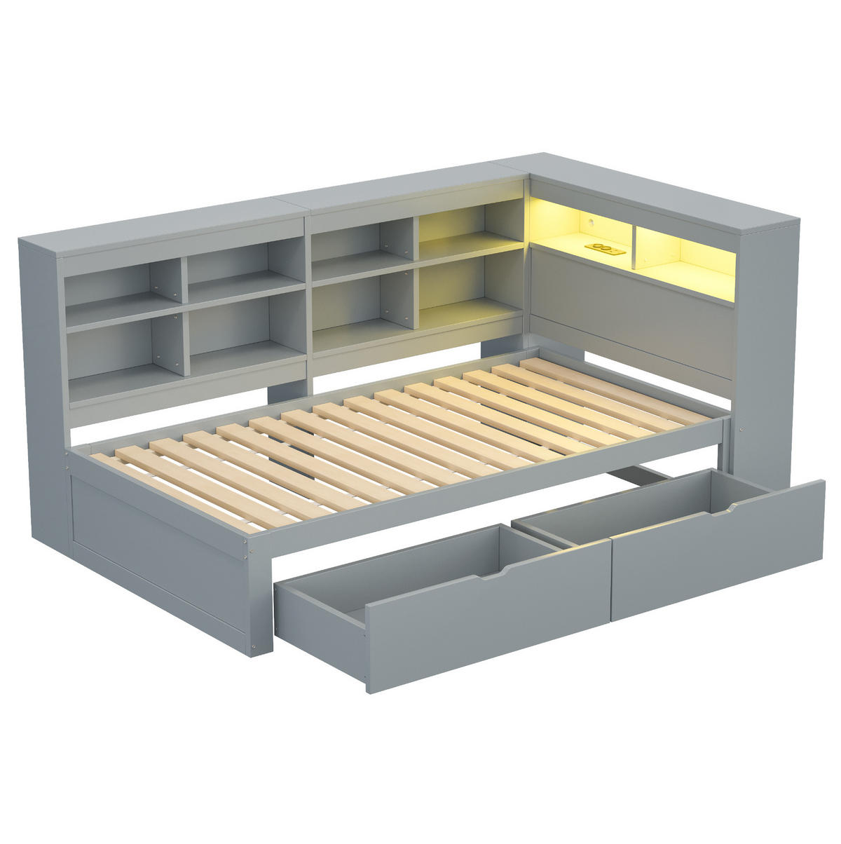 MULTIFUNKTIONSBETT 90/200 cm Grau mit Ablagefächern und USB-Steckdose mit LED-Beleuchtung - Grau, Holzwerkstoff (90/200cm) - OKWISH