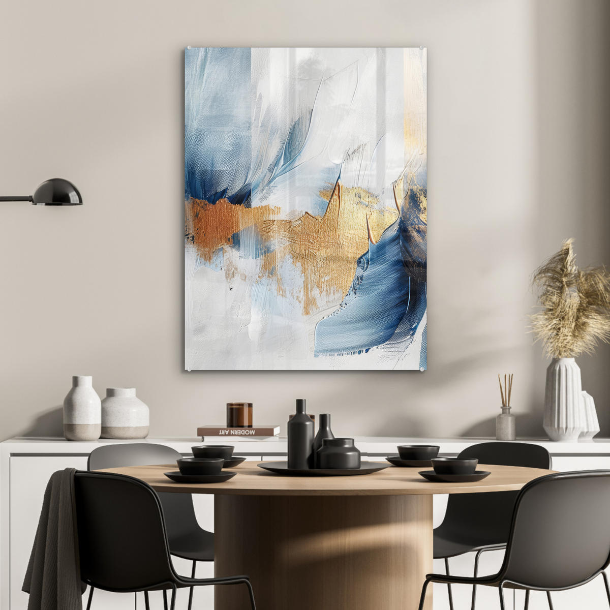 ACRYLGLASBILD Gold - Blau - Aquarell - Kunst - Modern 60x80 cm - Hellblau, Glas (60/80cm) - MuchoWow