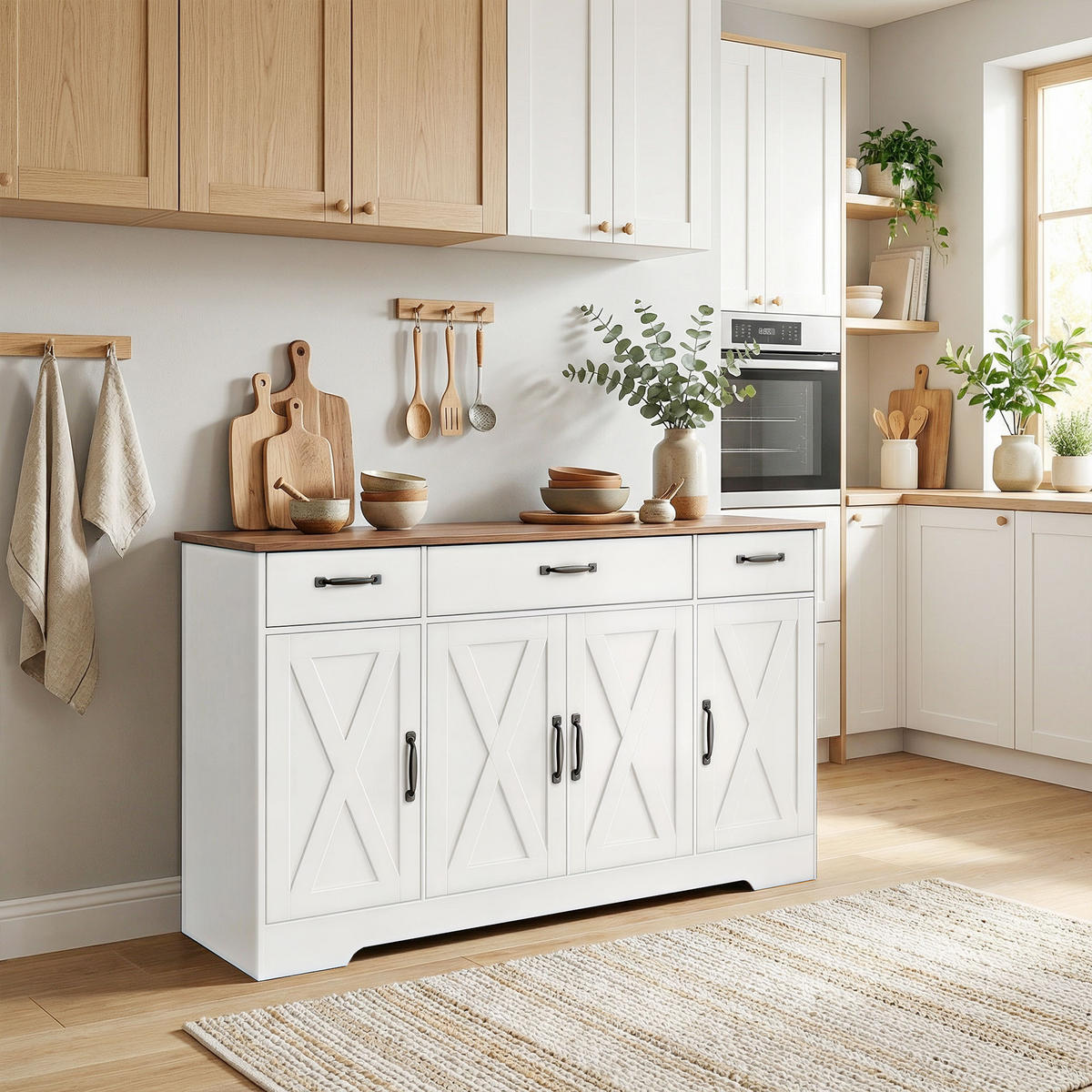 SIDEBOARD DE-11298 Landhausstil, 4 Scheunentüren Weiß - Weiß, Holzwerkstoff (140/81/40cm) - ComfortXL