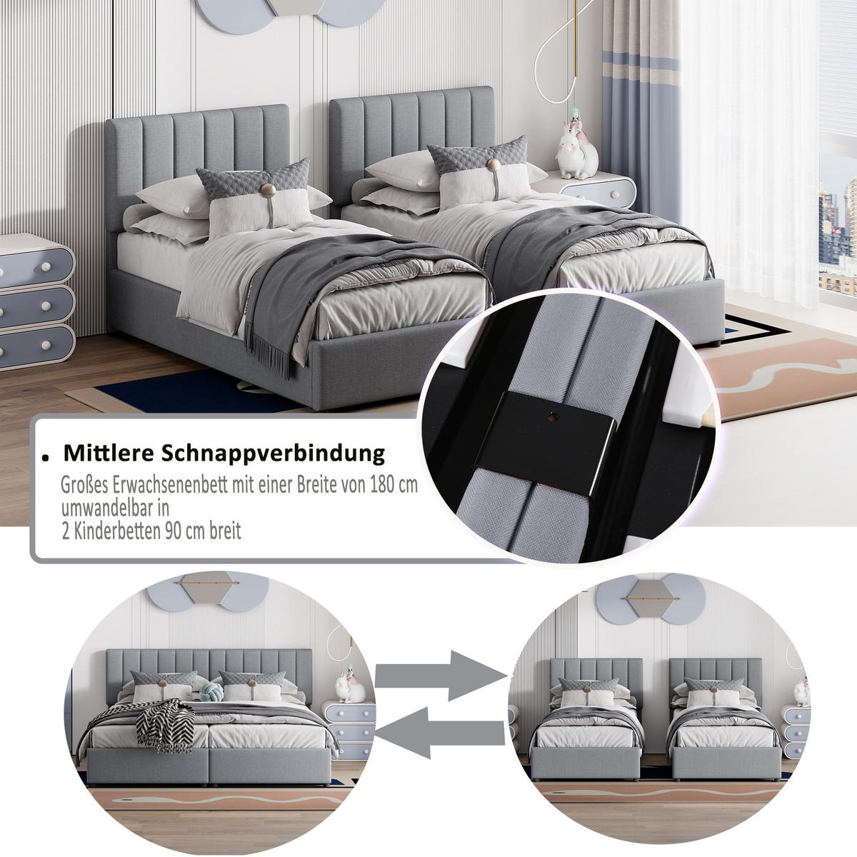 POLSTERBETT 180/200 cm grau hydraulisches Stauraumbett mit verstellbarem Kopfteil - Grau, Textil (180/200cm) - OKWISH