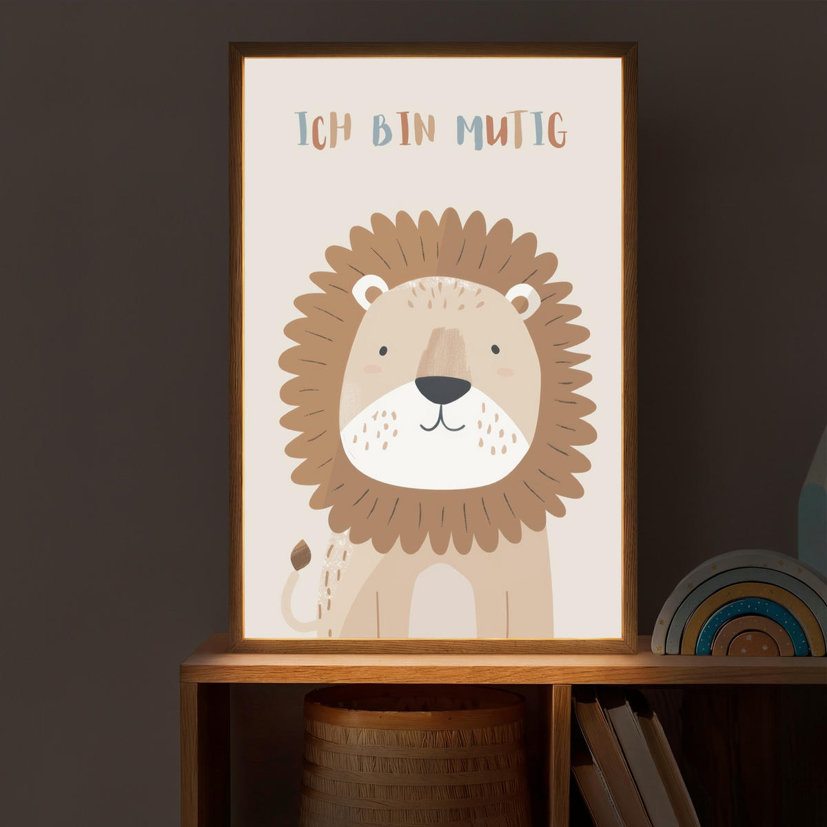 NACHTTISCHLAMPE MIT AKKU Löwe - Beige - Tier - Mutig - Zitat 40x60 cm - Beige, Holzwerkstoff (8/40/60cm) - OnlyWow