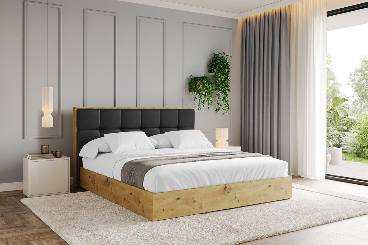 POLSTERBETT mit Bettkasten und Lattenrost, Bett mit Matratze H3/H4 - ENZO7 200x200 Schwarz Kunstleder - Schwarz Hochglanz, Holzwerkstoff/Textil (200/200cm) - ALTDECOR