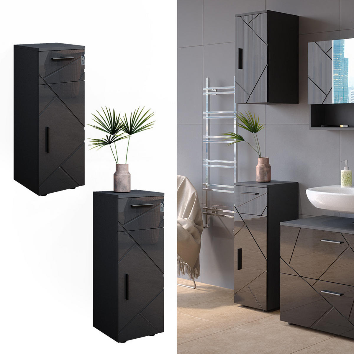 STŘEDNÍ SKŘÍŇKA Irma Šedá - antracitová/vysoce lesklá černá, kompozitní dřevo (30/81/30cm) - Vicco