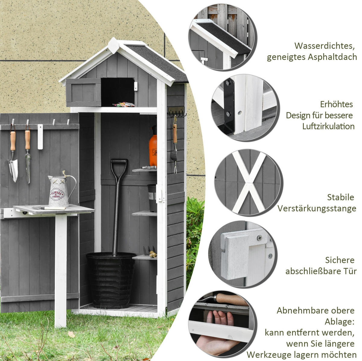 GARTENSCHRANK aus Holz 78x52,5x182 cm in Dunkelgrau mit Klapptisch - Dunkelgrau, Holz (52.5/182/78cm) - Modfu