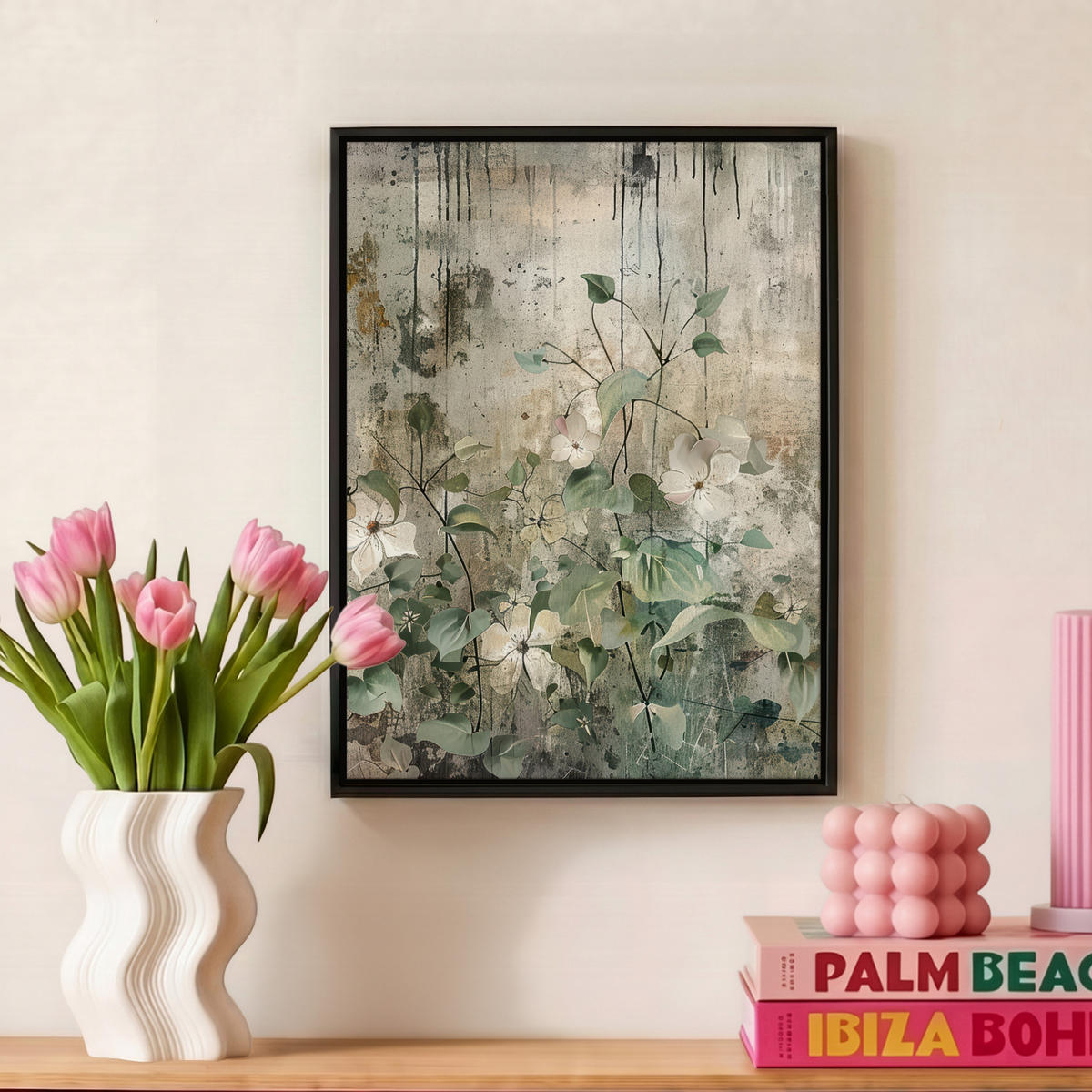 LEINWAND Bilder mit Rahmen - Blumen - Blätter - Abstrakt - Modern - 30x40 - Grau, Textil (30/40cm) - MuchoWow