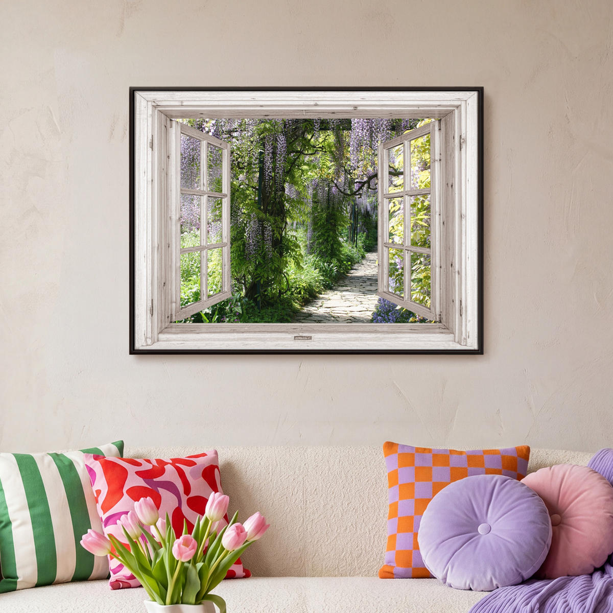 LEINWAND Bilder mit Rahmen - Blauer Regen - Blumen - Aussicht - Baum - Frühling - 80x60 - Grün, Textil (80/60cm) - MuchoWow