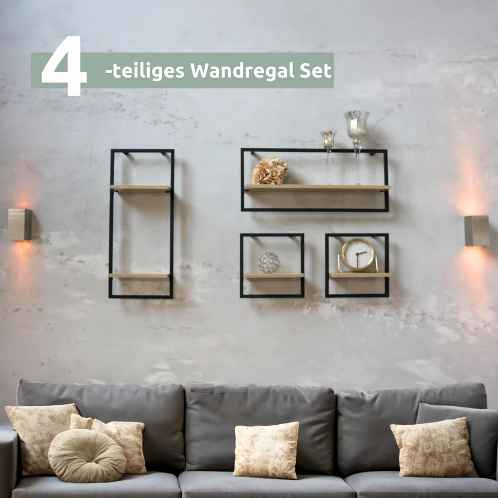 WANDREGAL 4er-Set Schwarz SYIOP MDF Metallrahmen - Braun, Holz (70/30/15cm) - DELUKE