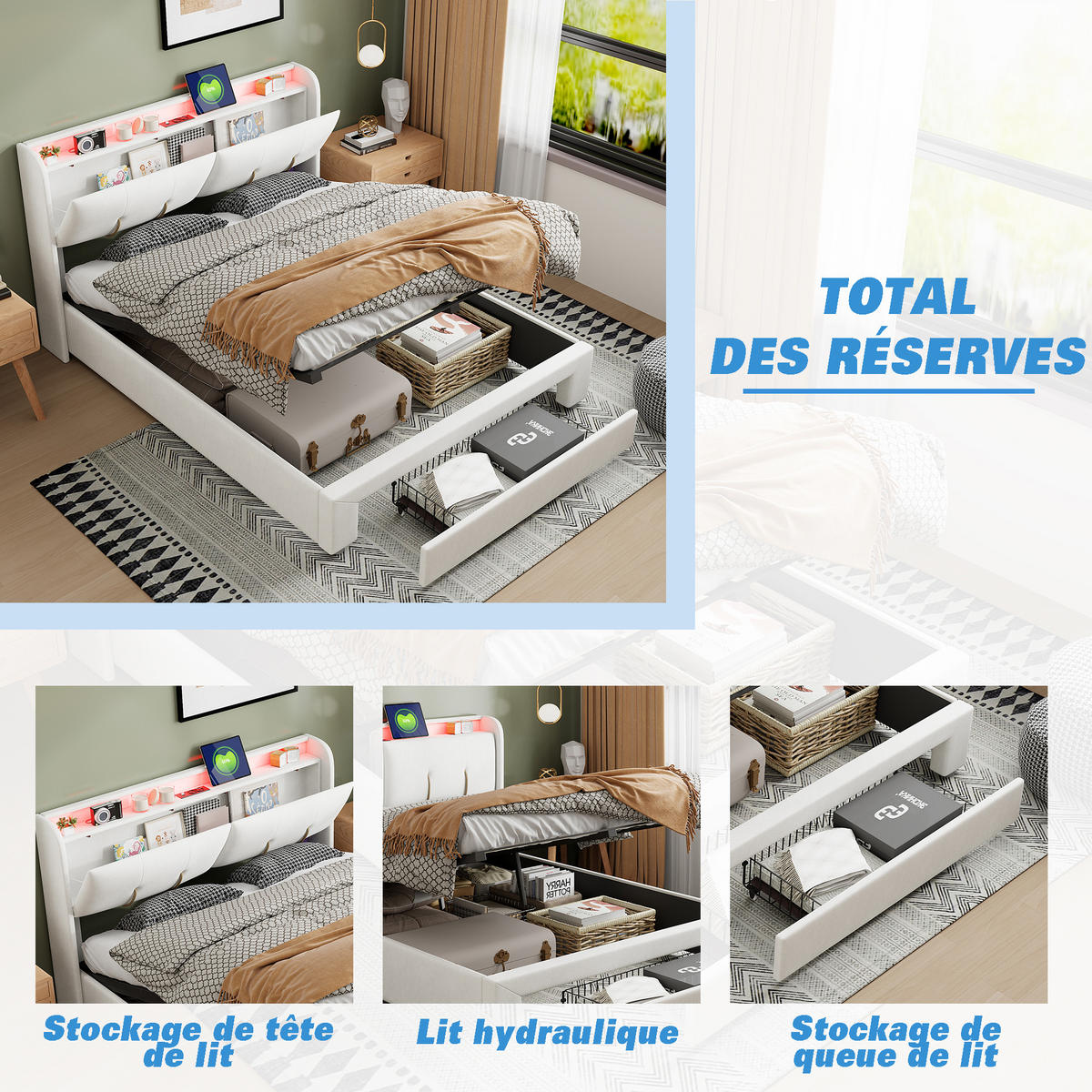 POLSTERBETT 160x200 cm, Doppelbett mit LED & USB, Samt - Weiß, Textil/Metall (160/200cm)