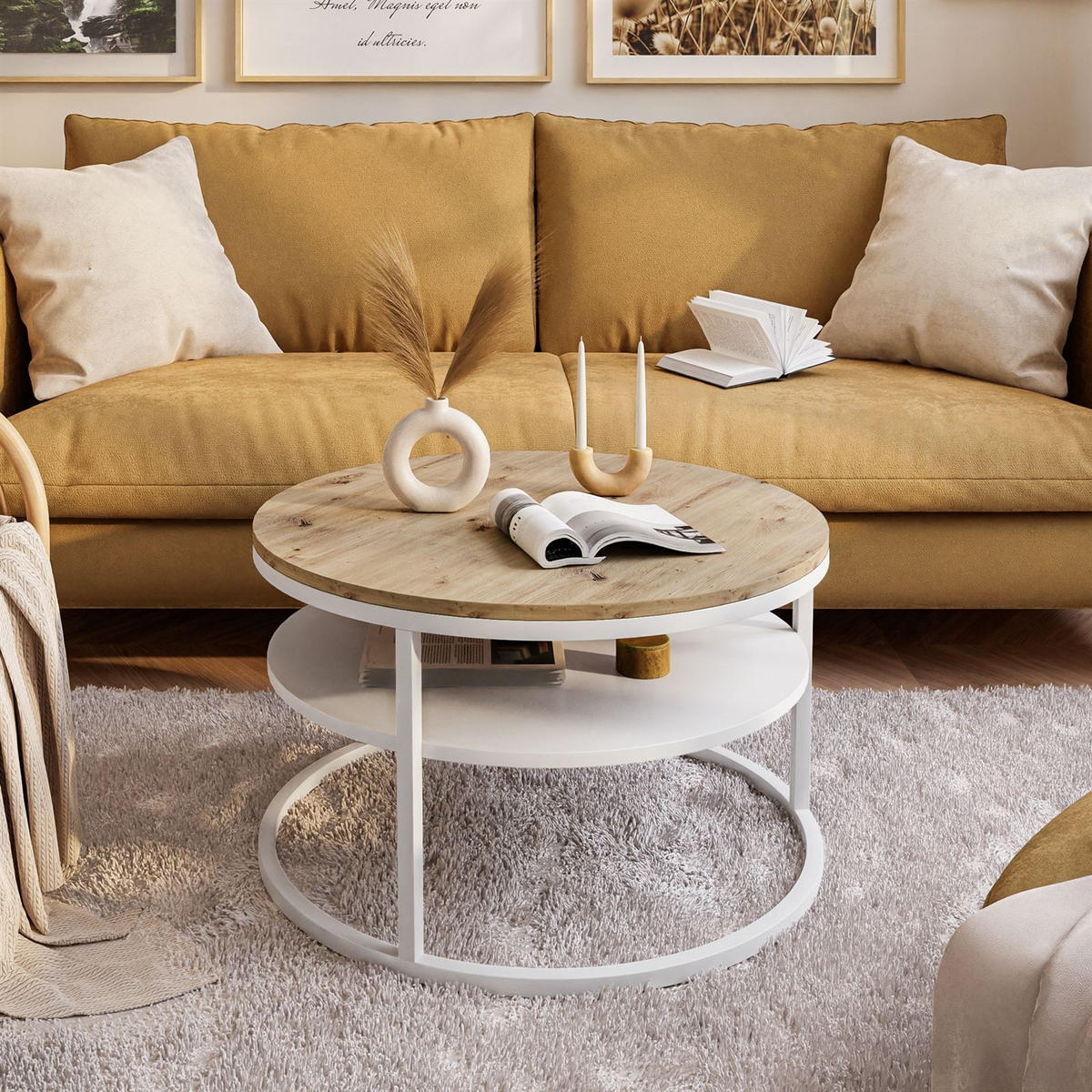 COUCHTISCH CIRI mit Regal Eichenholz Artisan - Weiß/Eiche Artisan, Holzwerkstoff (70/70/49cm) - Lookway