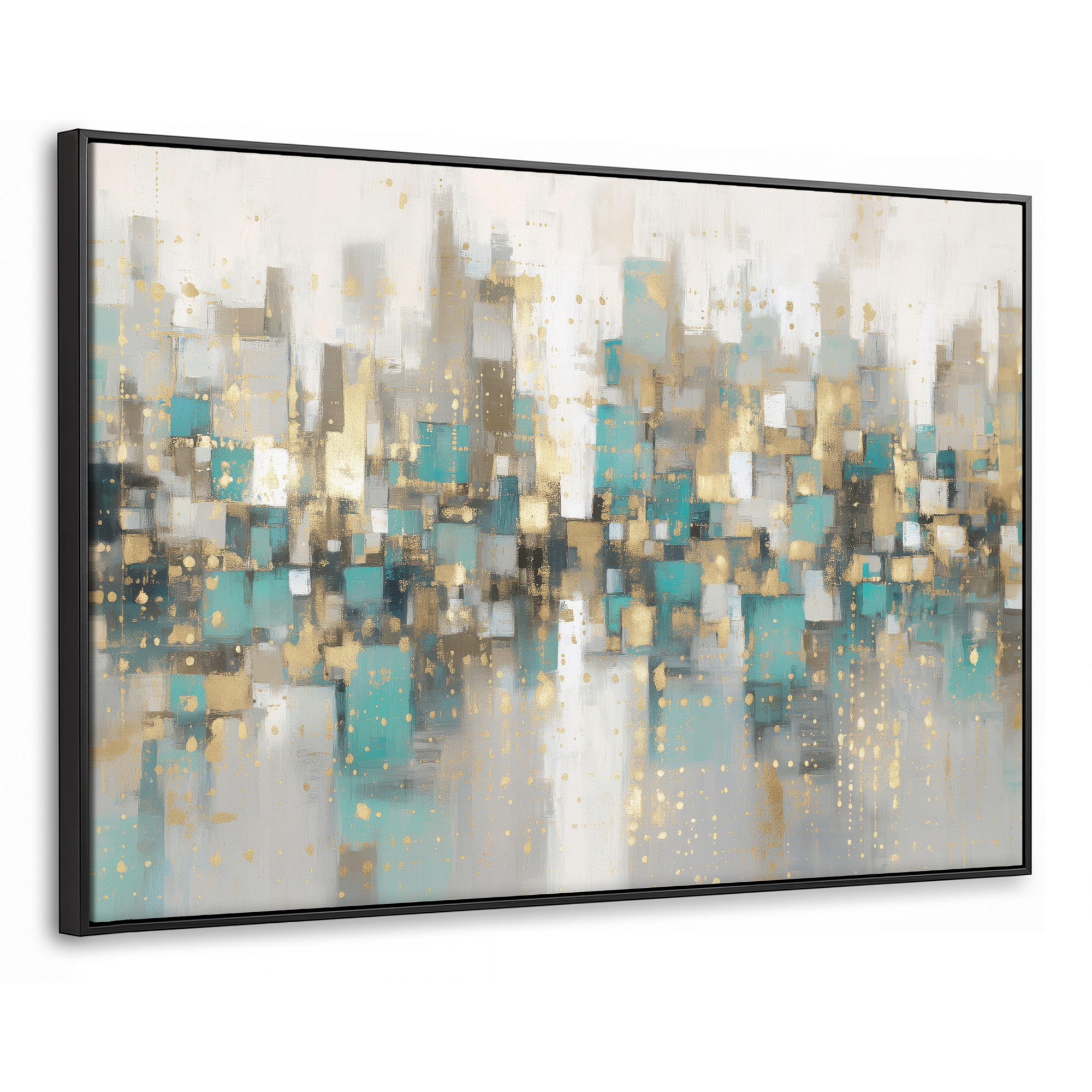 LEINWAND Bilder mit Rahmen - Abstrakt - Blöcke - Gold - Skyline - 150x100 - Beige, Textil (150/100cm) - MuchoWow