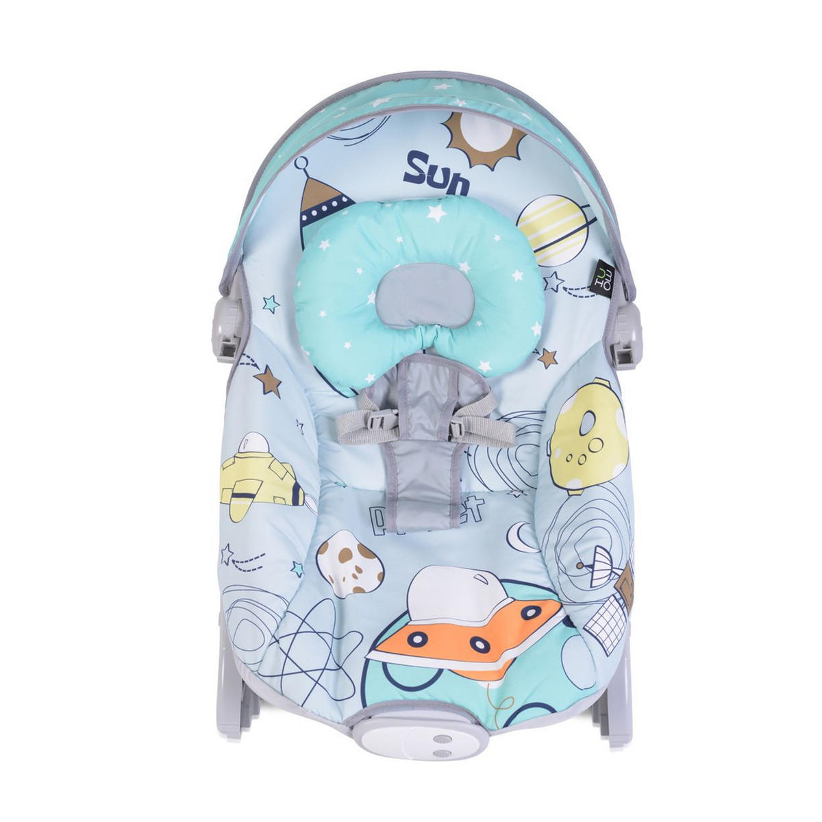 BABYWIPPE Space Tour grau mit Spielbogen, Musik, Vibration, Liegepositionen, Sicherheitsgurt - Grau, Metall - Moni