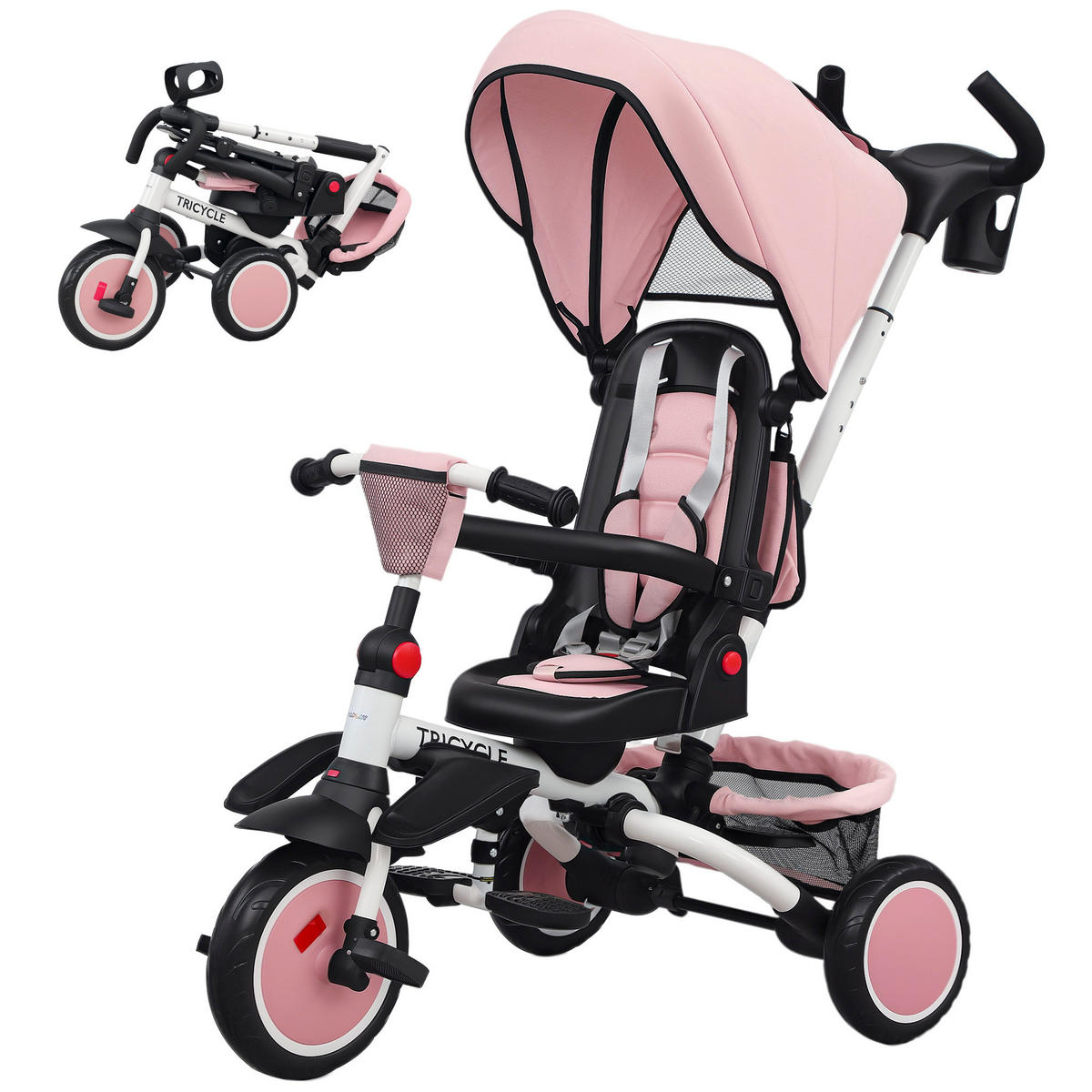 KINDERDREIRAD DE-10488 6-in-1 Buggy mit Schiebegriff Schwarz - Pink, Metall (111.5/52/98cm) - ComfortXL