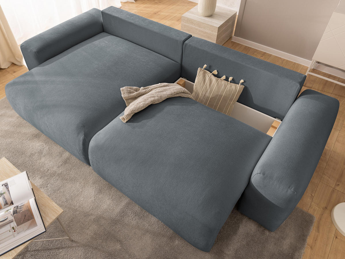 ECKSOFA Puffy mit Schlaffunktion und Bettkasten - besonders weich und puffig aus Dunkelgrau Webstoff - Ottomane links - Dunkelgrau/Schwarz, Holz/Kunststoff (138/266cm) - S-Style Möbel