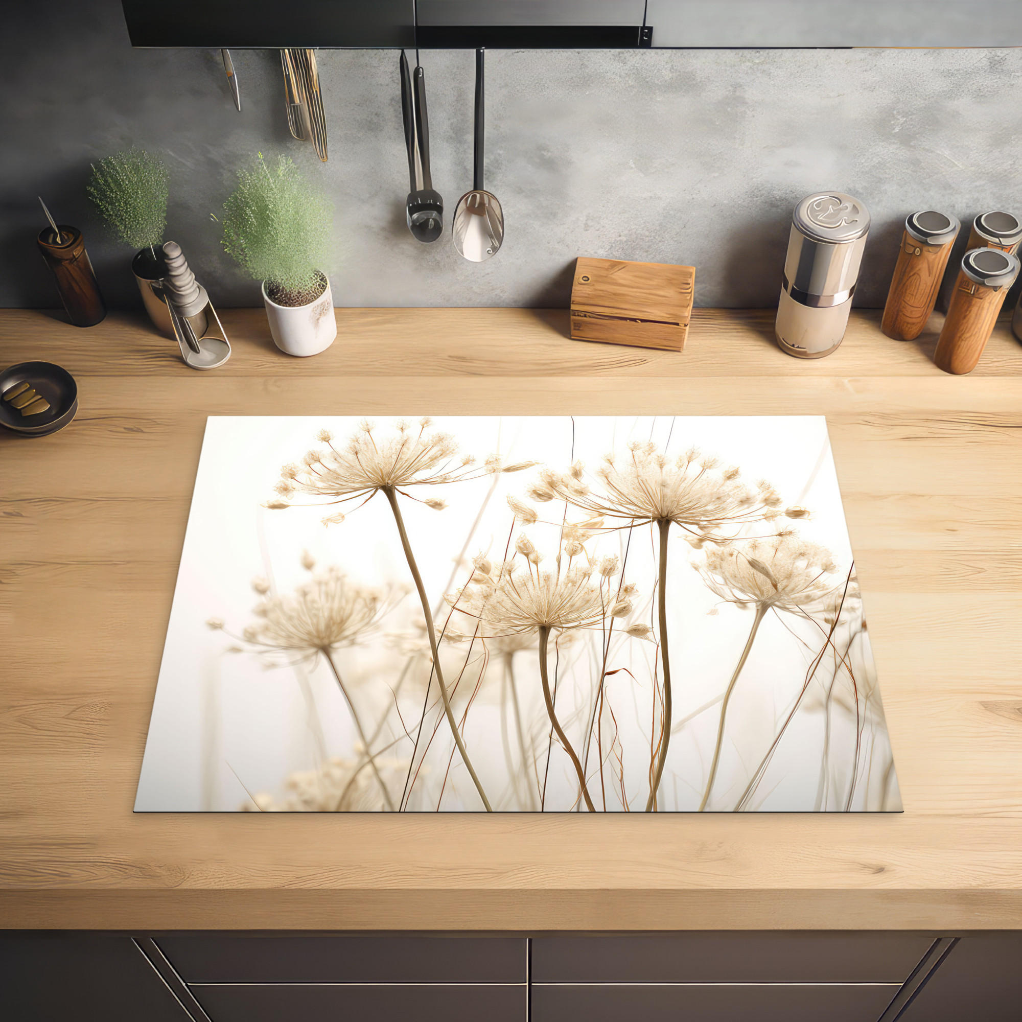 HERDABDECKPLATTE Blumen - Weiß - Sonnenlicht 71x52 cm - Ecru, Kunststoff (71/0.2/52cm) - MuchoWow