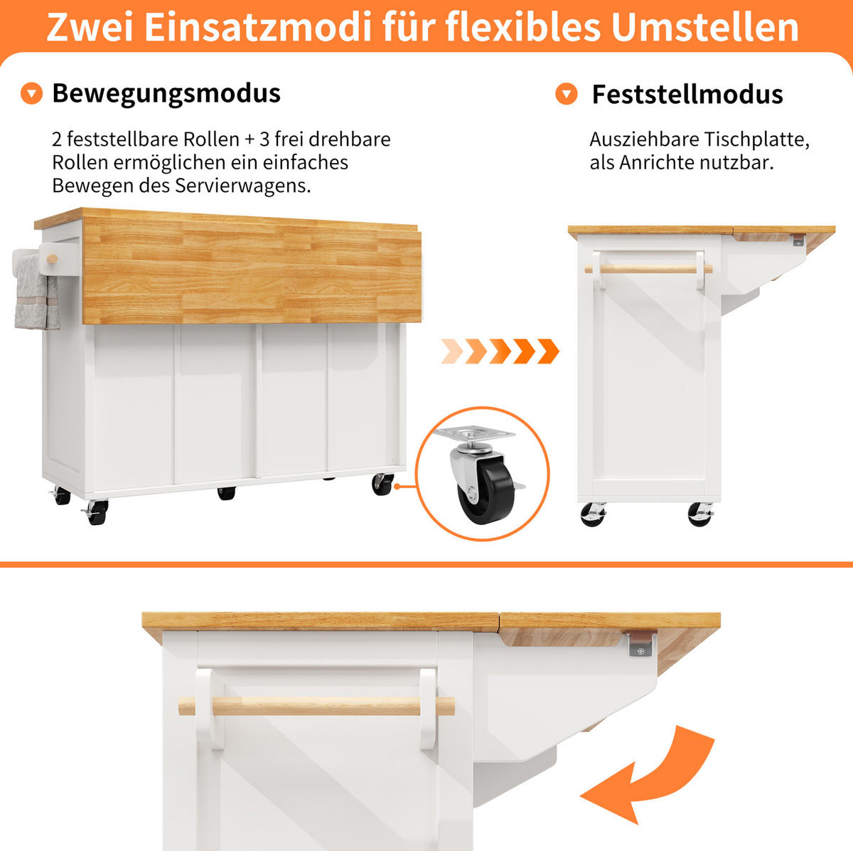 KÜCHENWAGEN aus MDF mit Ausziehplatte & Glastüren, 140/45/73/93,5 cm, Weiß - Weiß, Holzwerkstoff (140/93.5/45cm) - Redom