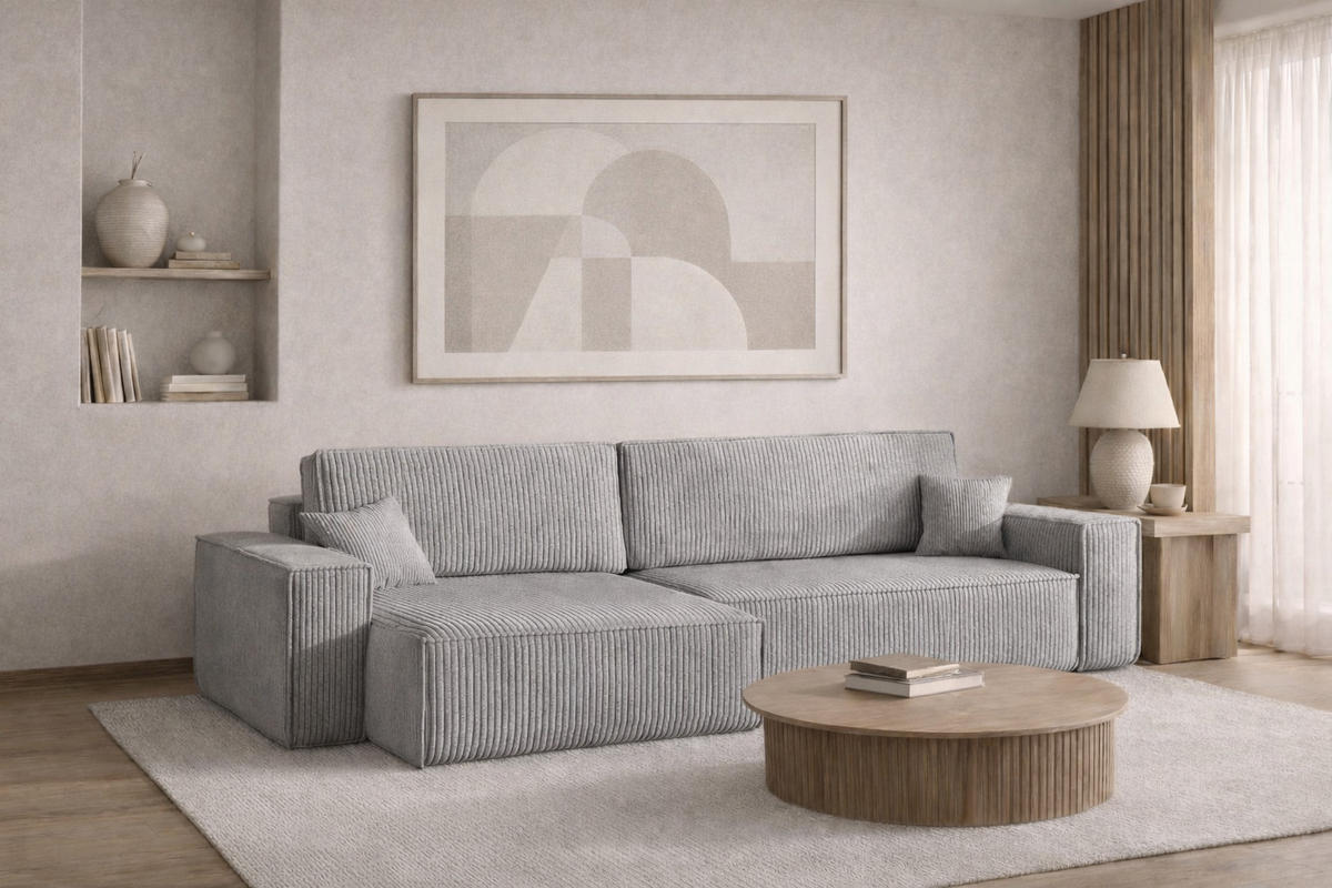 ECKSOFA Mit Schlaffunktion Und Bettkasten, Eckcouch BEST XL Stoff Poso Dicker Cord Grau Links - Schwarz/Grau, Holz/Kunststoff (142/83/274cm) - Kaiser Möbel