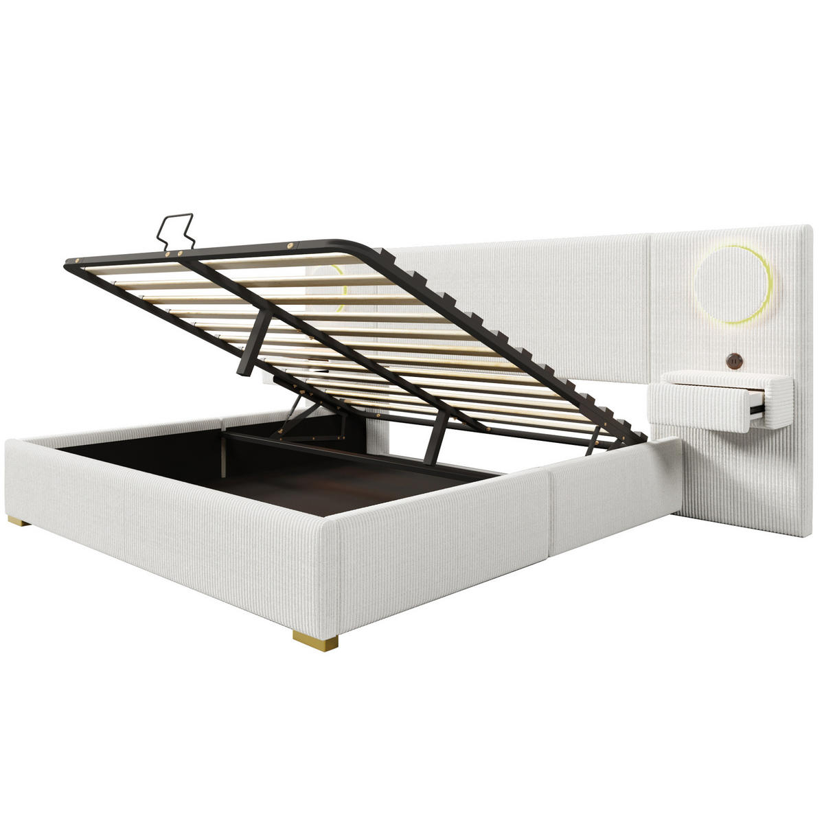 SAMETOVÁ čalouněná postel 180/200 cm s LED osvětlením, USB porty a hydraulickým úložným prostorem, Béžová - béžová, textil (180/200cm) - Redom