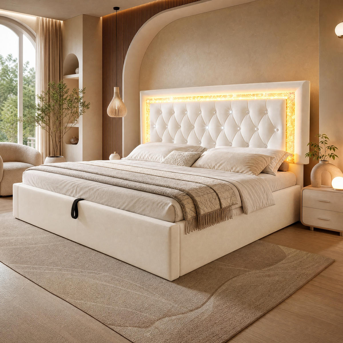 POLSTERBETT 140/200 cm in Beige mit Bettkasten, LED und USB/Type-C Samt Rautendesign - Beige, Holzwerkstoff/Textil (140/200cm) - STILVORA