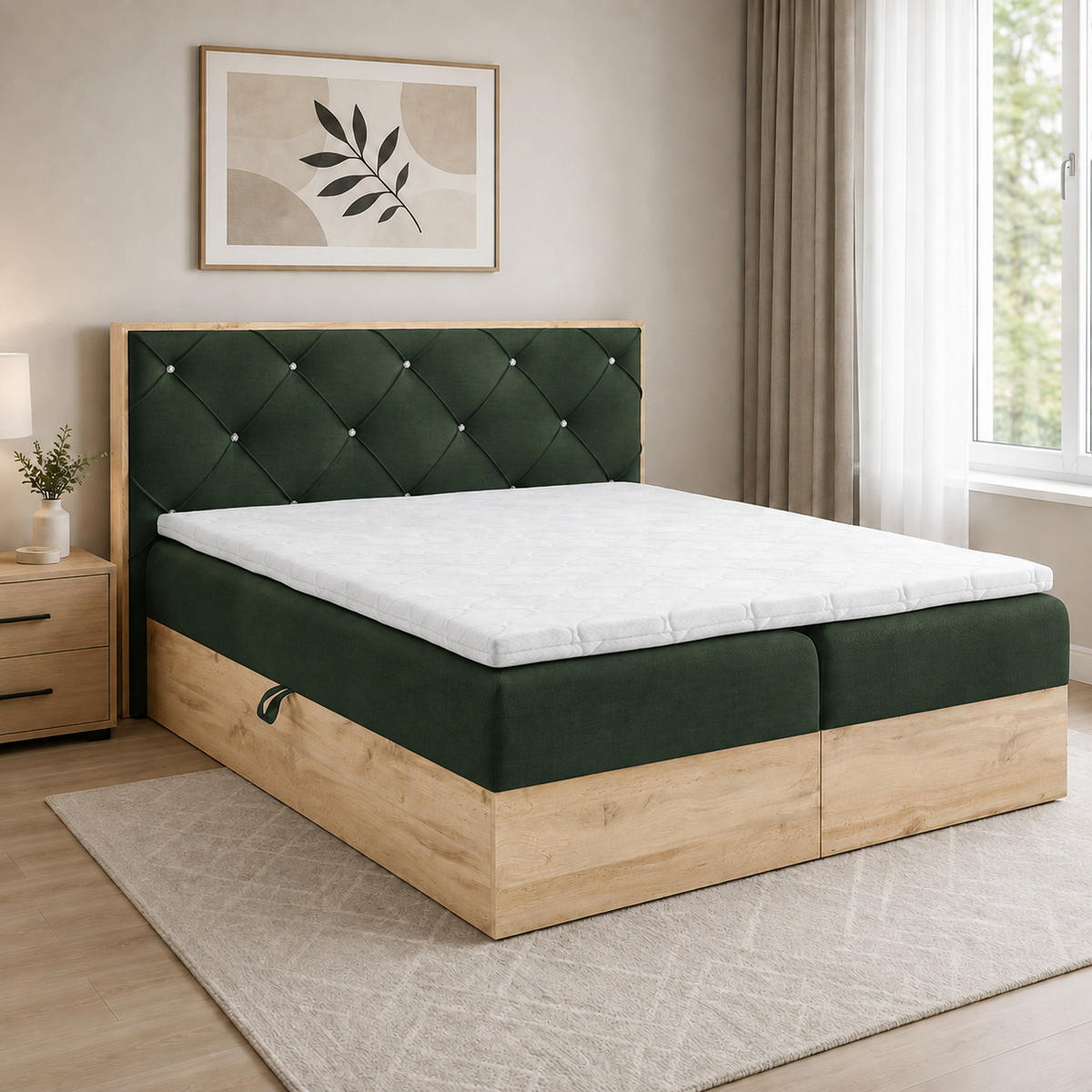 BOXBETT Holzoptik Sonoma Eiche mit Topper 120x200 cm Grün - Grün, Textil (120/200cm) - Home Collective