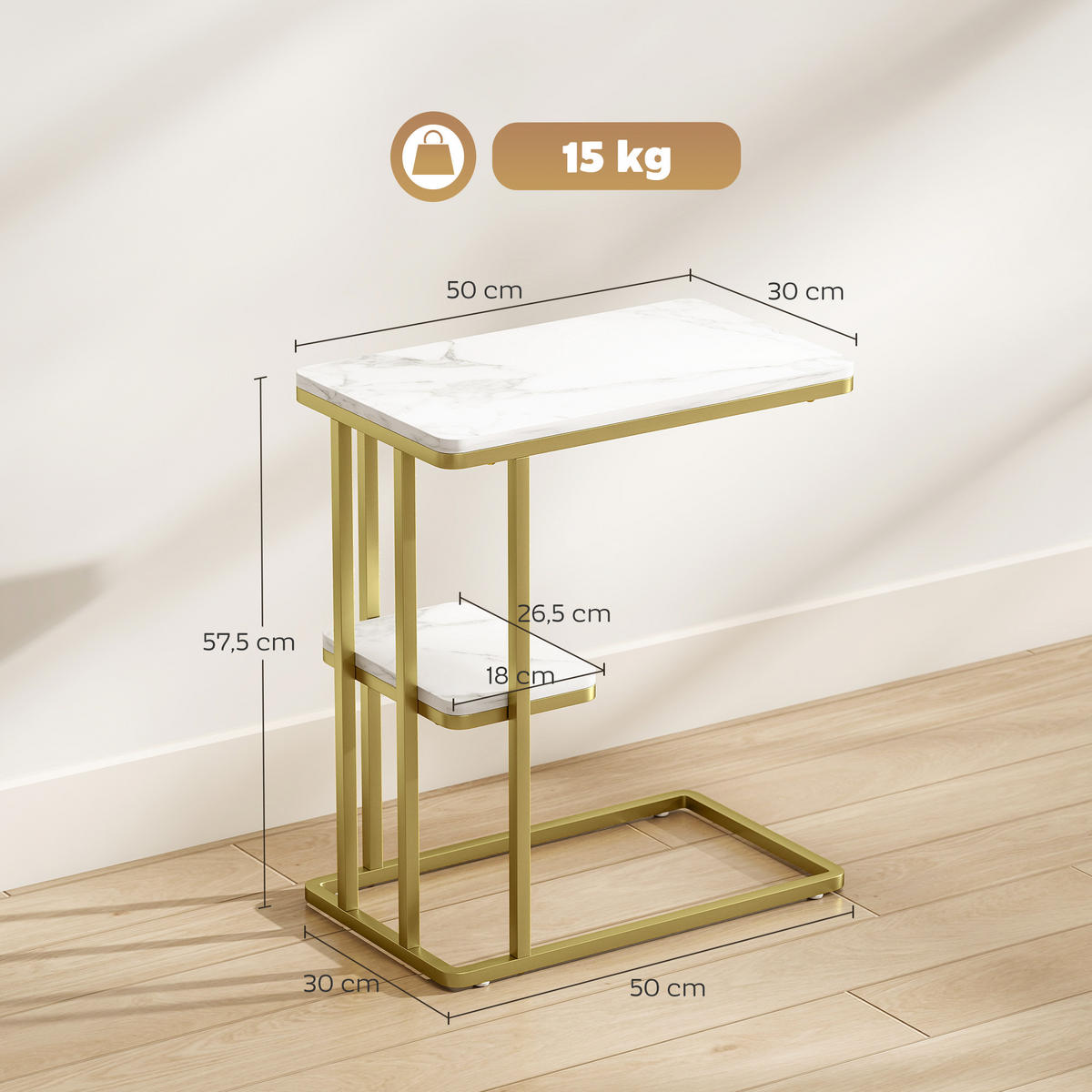 SIDOBORD i MDF och stål, vit - Vit/Guldfärgad, Träbaserade material/Plast (50/30/57.5cm) - HOMCOM