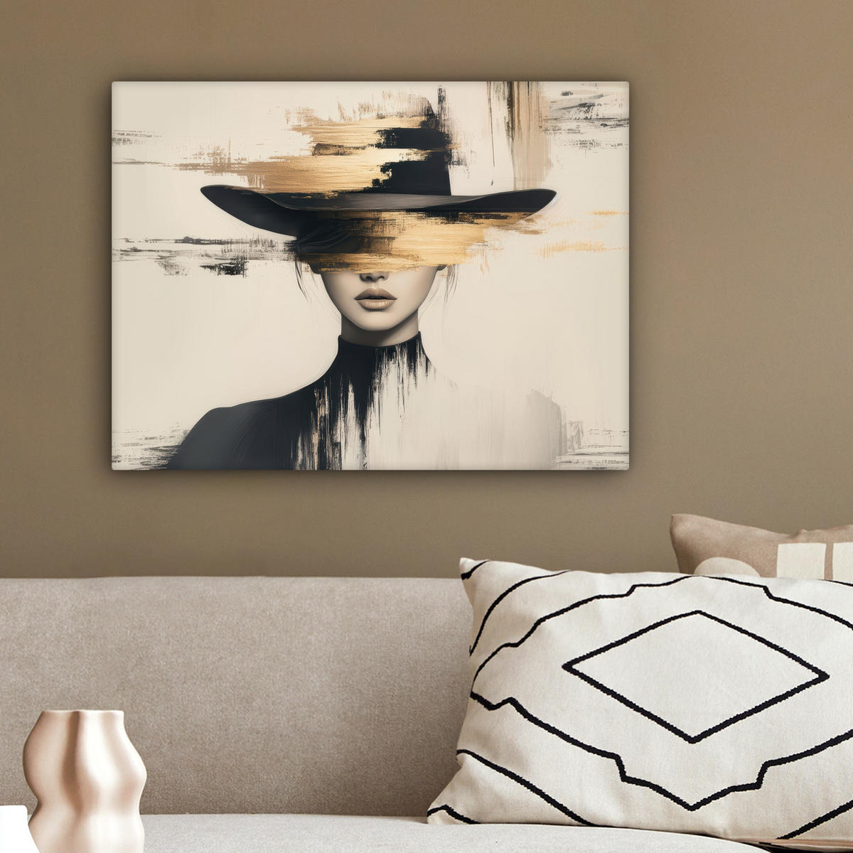 LEINWANDBILD Frau - Hut - Farbe 40x30 cm - Goldfarben, Textil (40/30cm) - MuchoWow