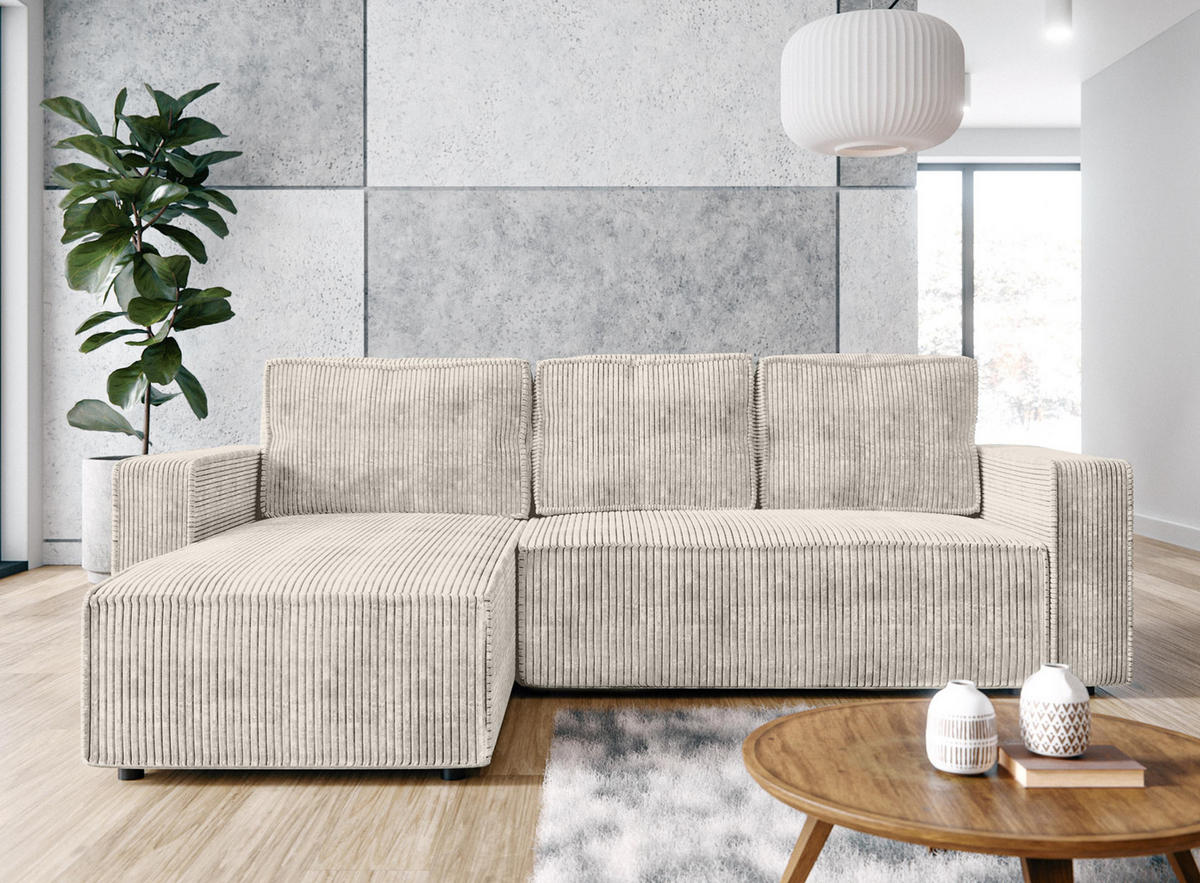 ECKSOFA L Form Aydin Creme 258/169/85 cm Cord Universal mit Schlaffunktion - Creme/Schwarz, Kunststoff/Textil (258/169cm) - AX Living