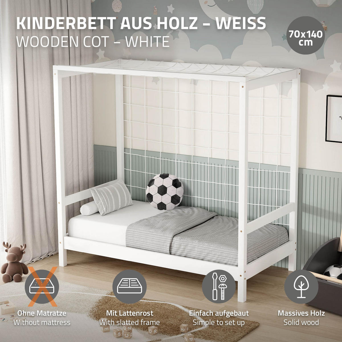 KINDERBETT Fußballtor 70x140 cm Weiß - Weiß, Holz (70/140cm) - ML-DESIGN