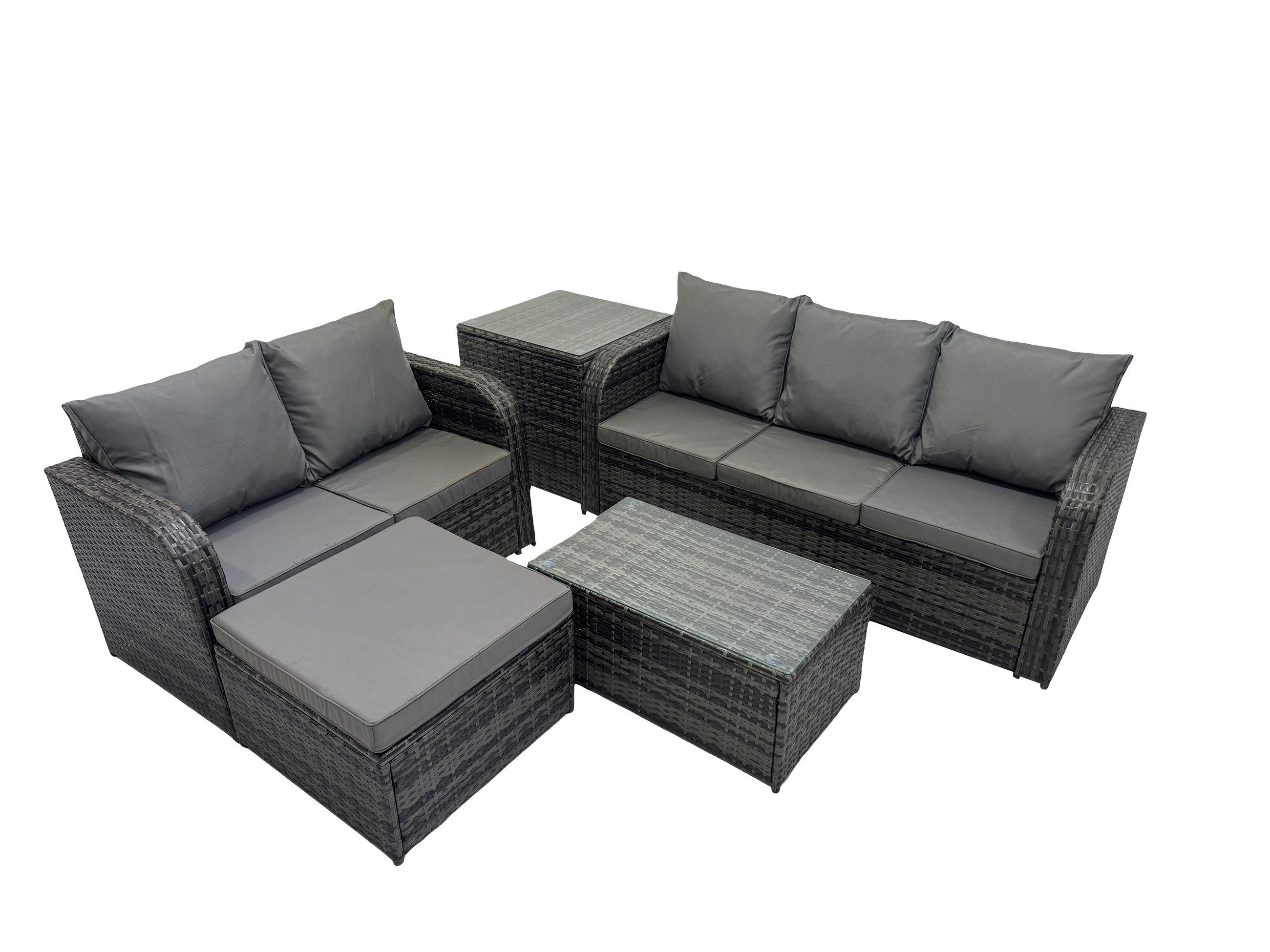 GARTENMÖBELSET mit Couchtisch Polyrattan 6-Sitzer - Dunkelgrau/Grau, Glas/Kunststoff - Fimous