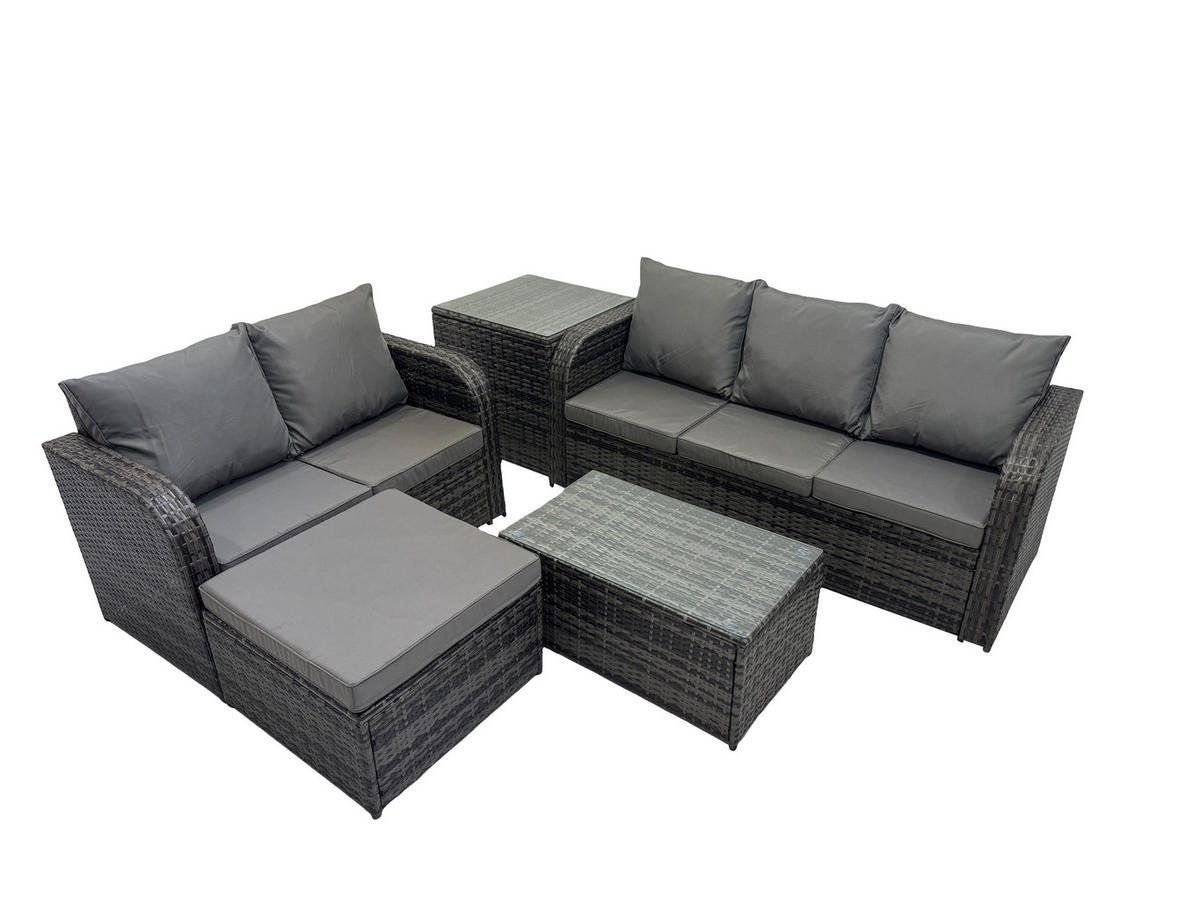 GARTENMÖBELSET mit Couchtisch Polyrattan 6-Sitzer - Dunkelgrau/Grau, Glas/Kunststoff - Fimous