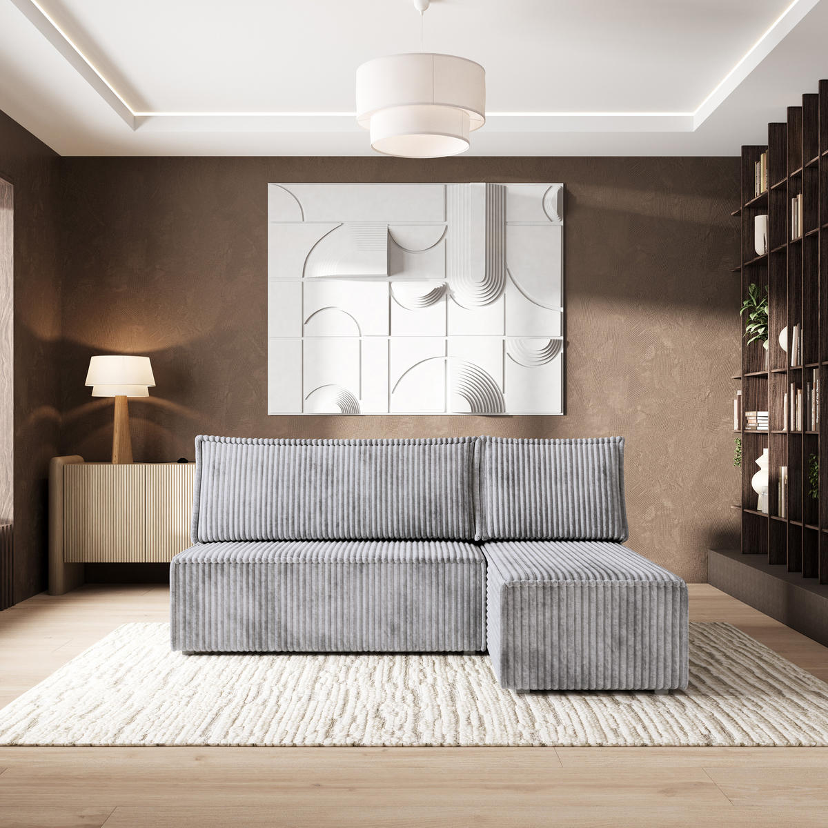 ECKSOFA BRISO T Hellgrau Kordstoff mit Schlaffunktion - Grau, Holz/Kunststoff (200/140cm) - MASSENO