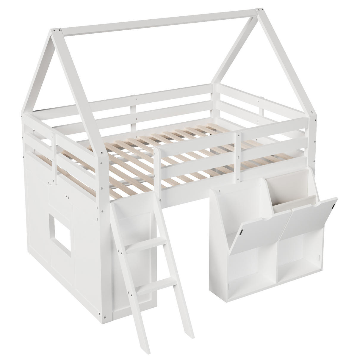 HOCHBETT 140/200 cm in Weiß mit Treppe, LED und Aufbewahrungsboxen im Hausdesign - Weiß, Holzwerkstoff (140/200cm) - STILVORA