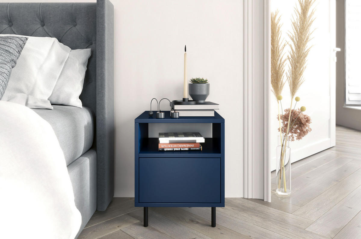 NACHTTISCH Mirka, Marinblau, Push to Open System, Minimalistisch - Schwarz/Dunkelblau, Holzwerkstoff/Metall (40/47/40cm) - Dancan