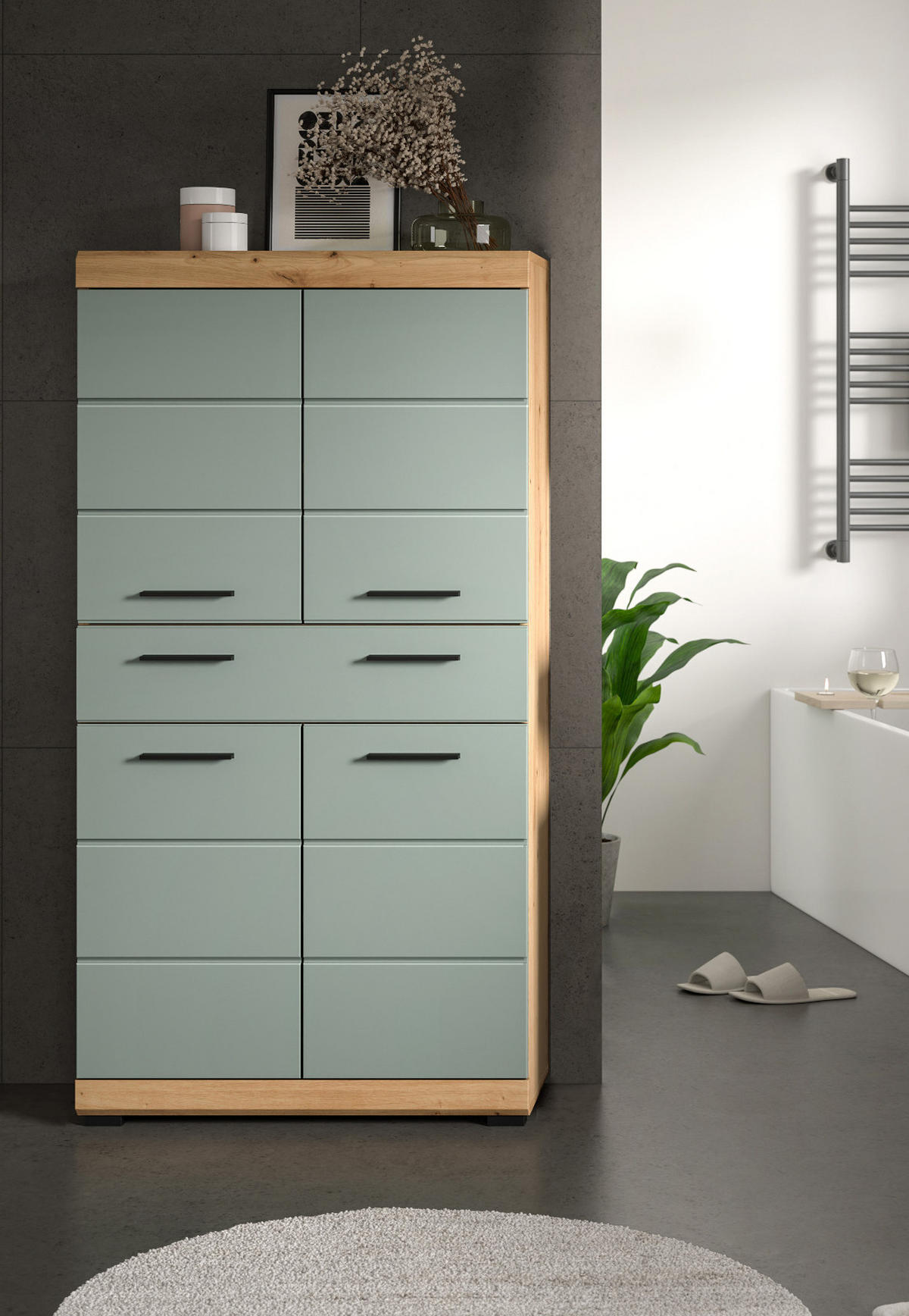 MIDISCHRANK Salbei grün, Eiche Artisan 74 x 141 cm, Badschrank 4-türig - Salbeigrün/Schwarz, Holzwerkstoff/Kunststoff (74/141/31cm) - Inn.Furn