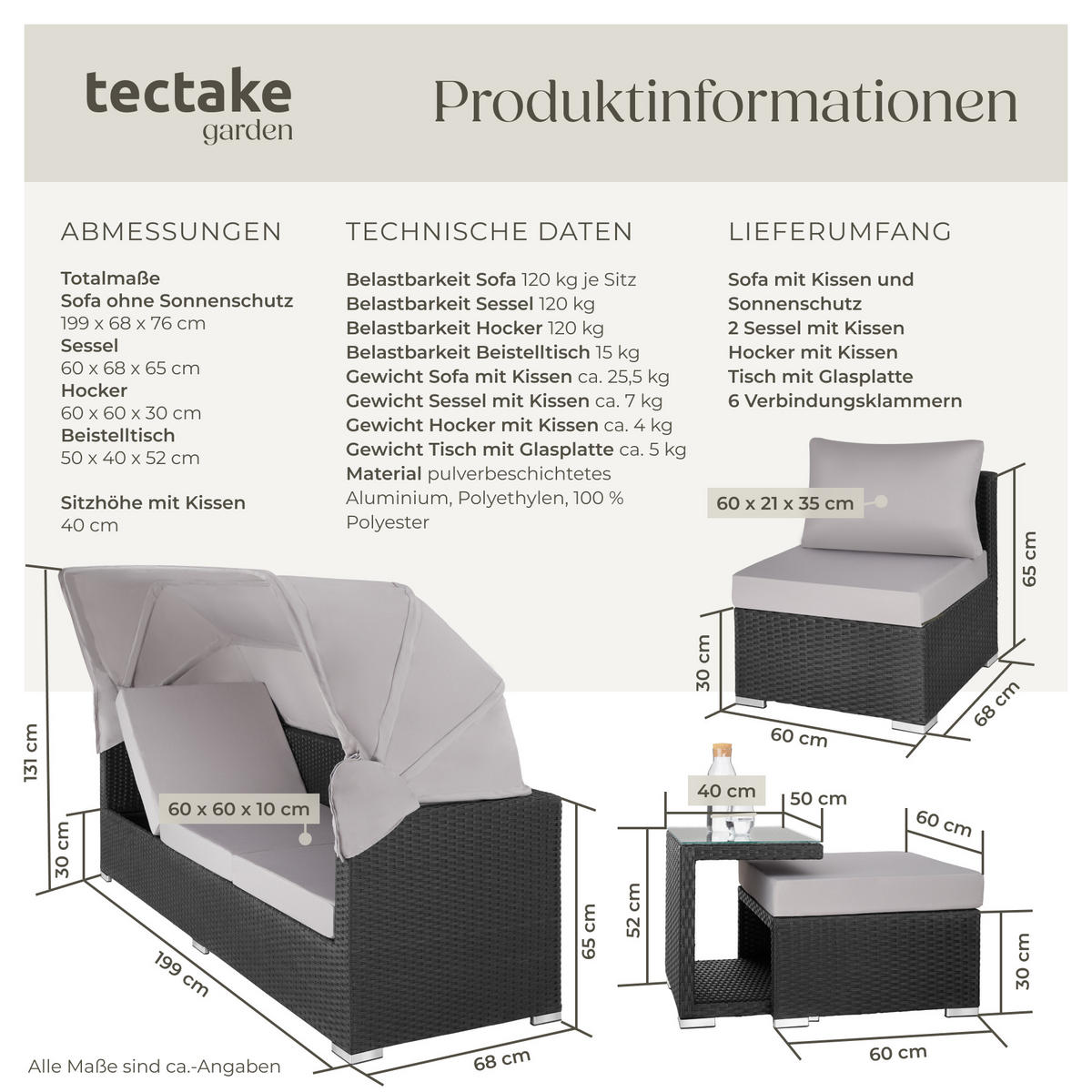 RATTANLOUNGE San Marino,mit Sicherheitsglasplatte, variabel aufstellbar,schwarz - Schwarz, Kunststoff (68/131cm) - tectake