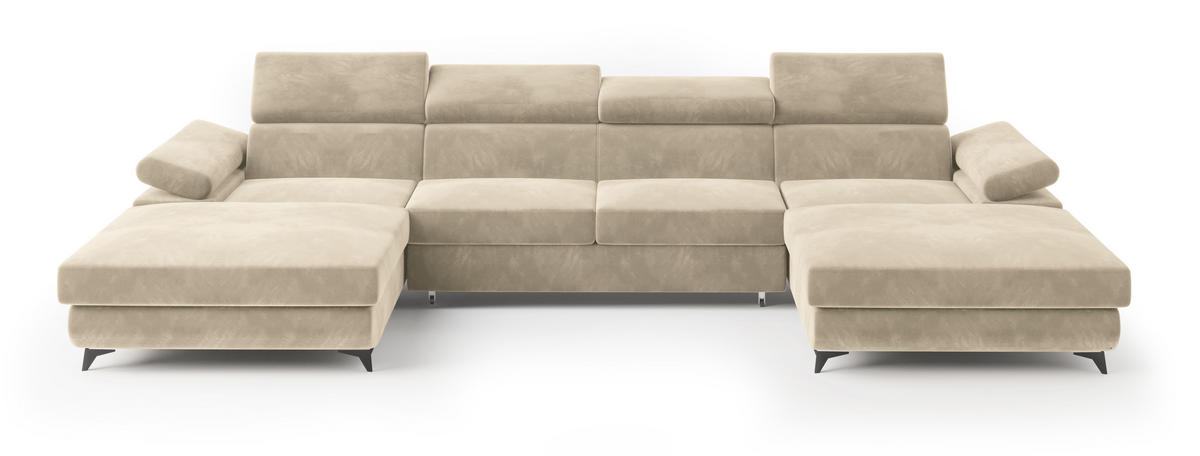 WOHNLANDSCHAFT DETTI Creme Velours-Stoff mit Schlaffunktion - Creme, Holz (339/89/190cm) - MASSENO