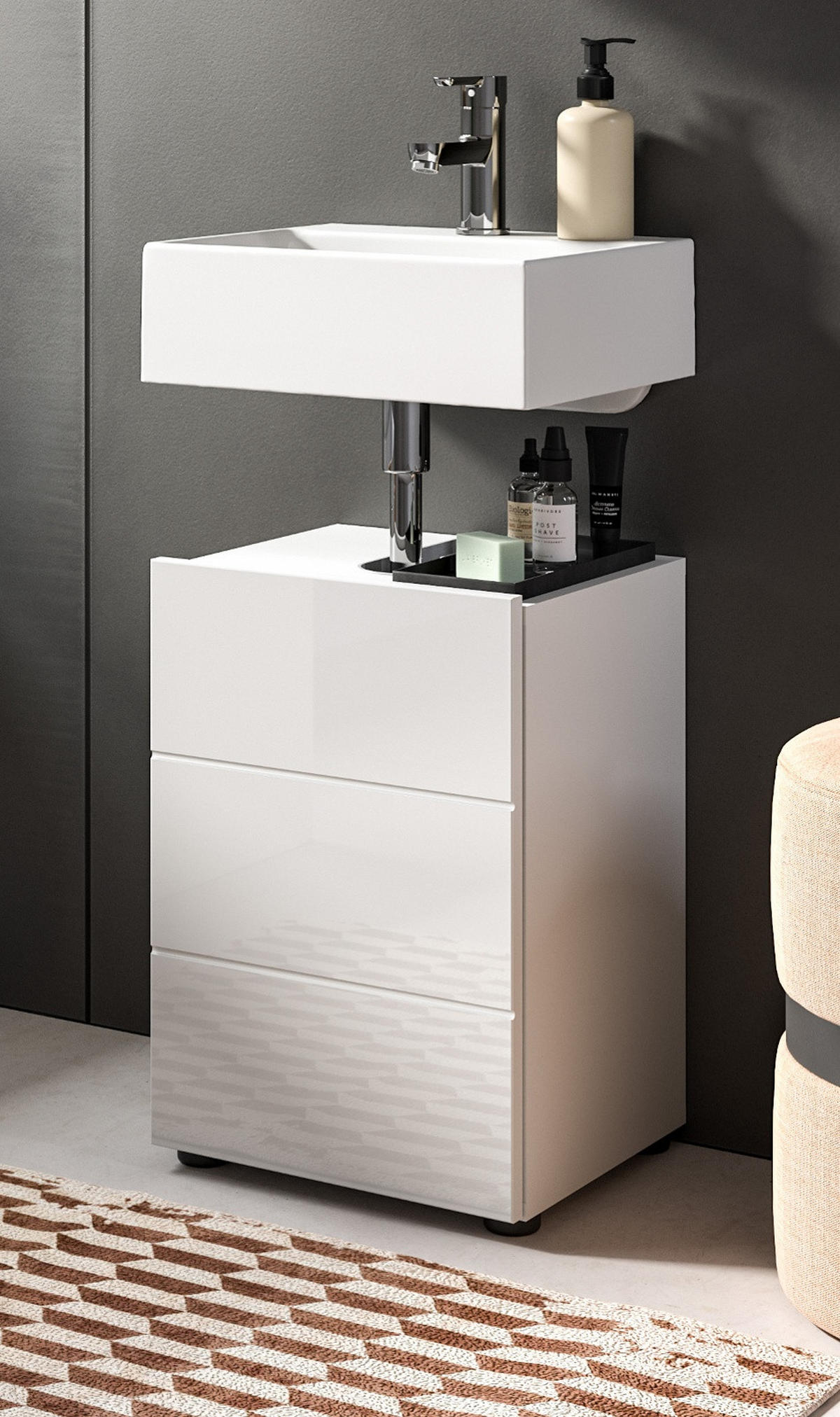 WASCHBECKENUNTERSCHRANK weiß Hochglanz 38 cm, Badezimmer Unterschrank 1-türig - Weiß Hochglanz/Schwarz, Holzwerkstoff/Kunststoff (38/56/34cm) - Inn.Furn