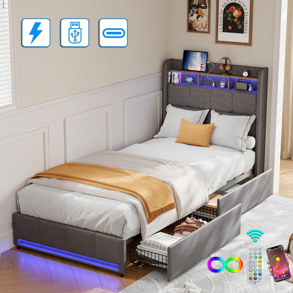 BETT 90x200 cm mit Schubladen, Kopfteil mit Stauraum und LED-Beleuchtung, USB- und Typ-C-Anschlüsse, Leinenstoff, Lattenrost - Grey - Grau, Holzwerkstoff (90/200cm) - Brevoria