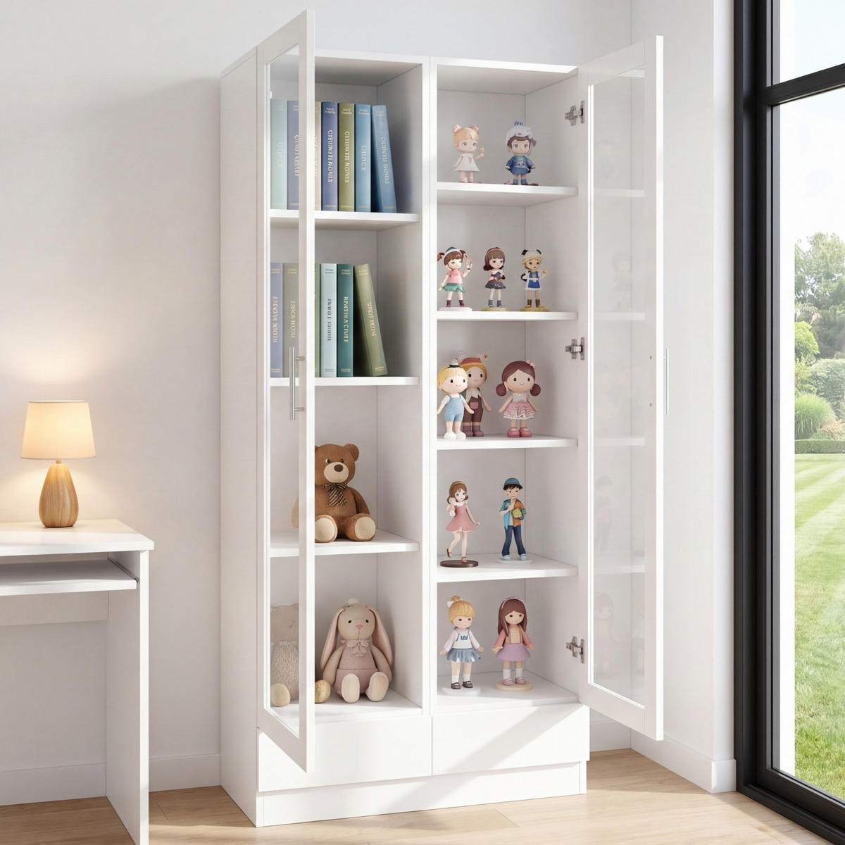 KÜCHENSCHRANKWEISS 80x40x160 cm, MDF und Glas, MIT 2 SCHUBLADEN, für Wohnzimmer und Büro - Weiß, Holzwerkstoff (40/160/80cm) - Rolipo