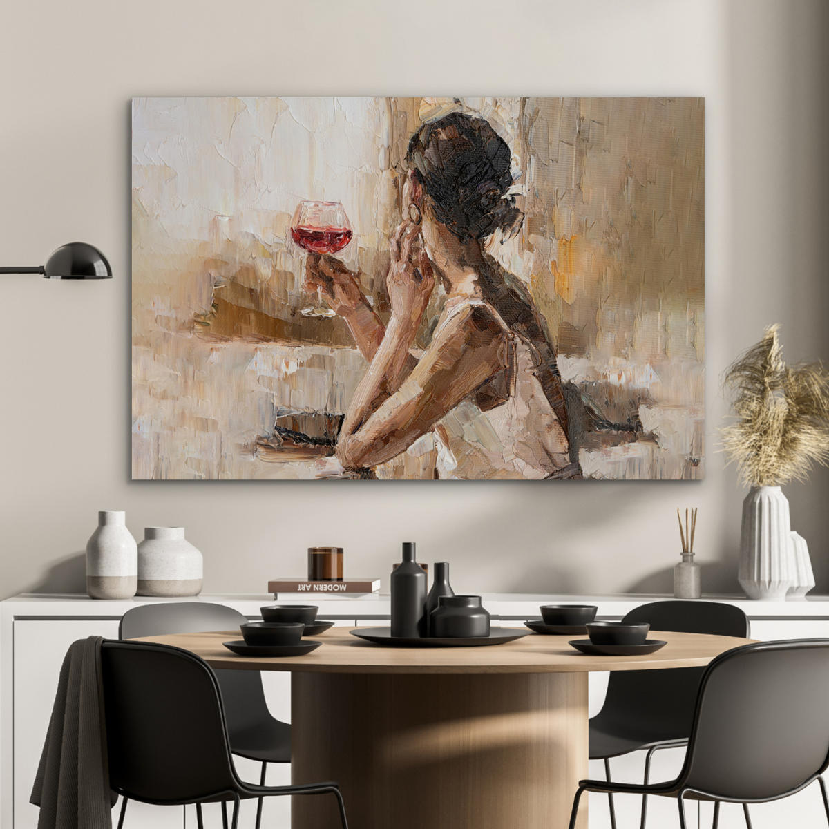 METALLBILD Ölgemälde - Frau - Wein 90x60 cm - Hellbraun, Metall (90/60cm) - MuchoWow