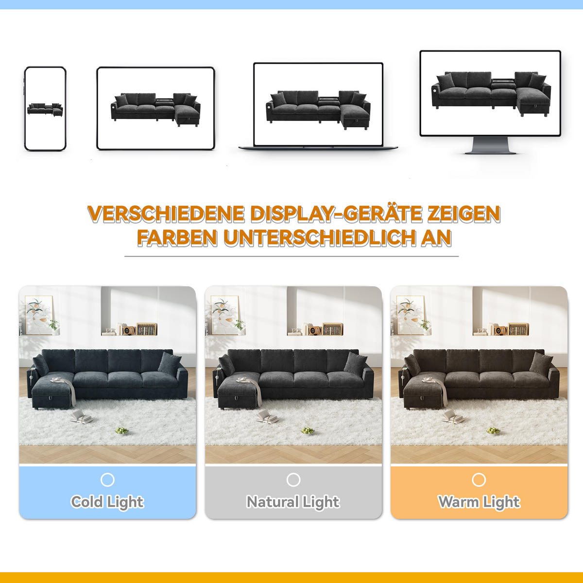 SOFA Grau L-Form Chenille Stauraum USB Couchtisch flexibel - Grau, Textil (137/84/280cm) - FLIEKS