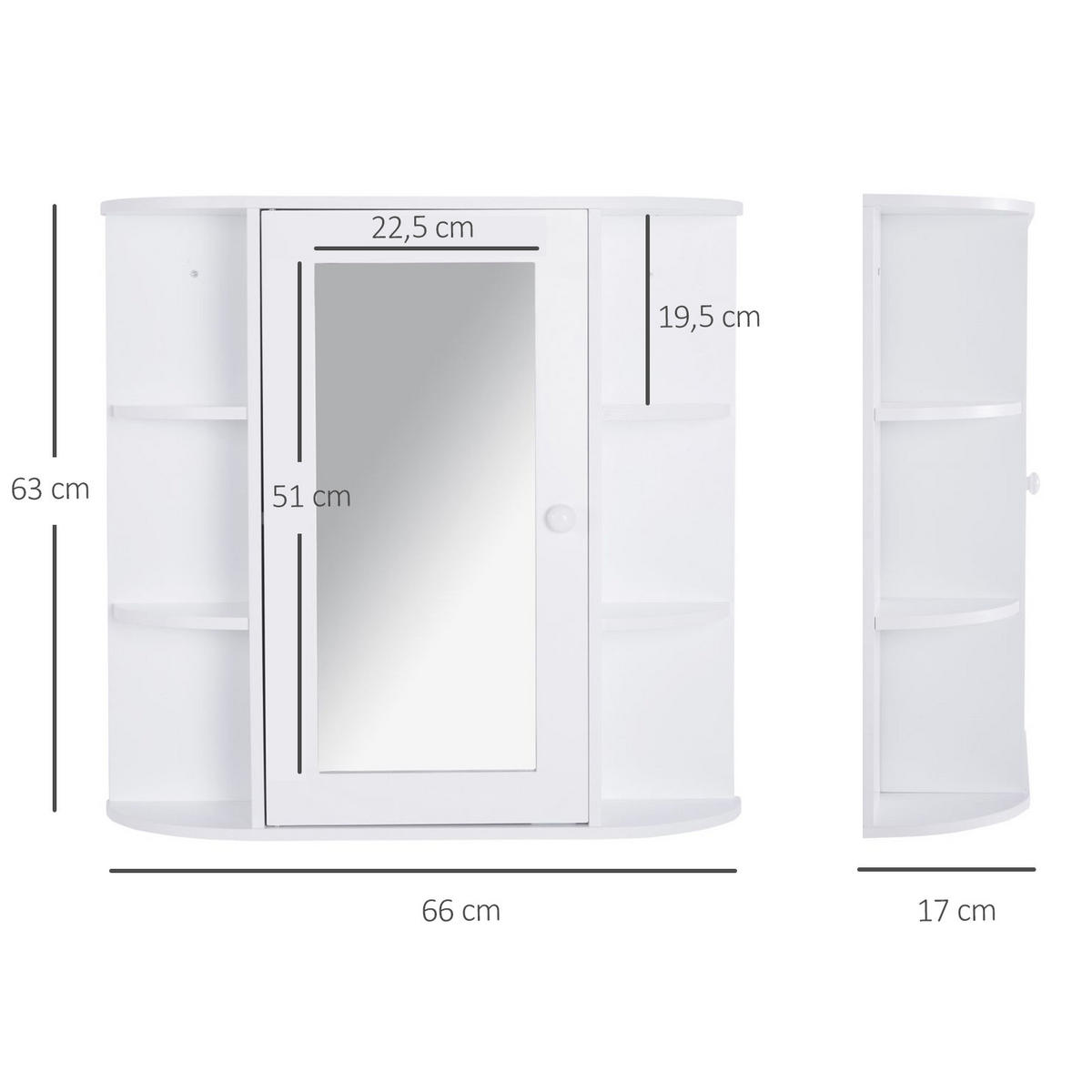 SPIEGELSCHRANK mit 1 Tür,2 Einlegeböden innen und 6 Seitenablagen,66x17x63cm (Weiß) - Weiß, Glas (66/63/17cm) - Vallsero