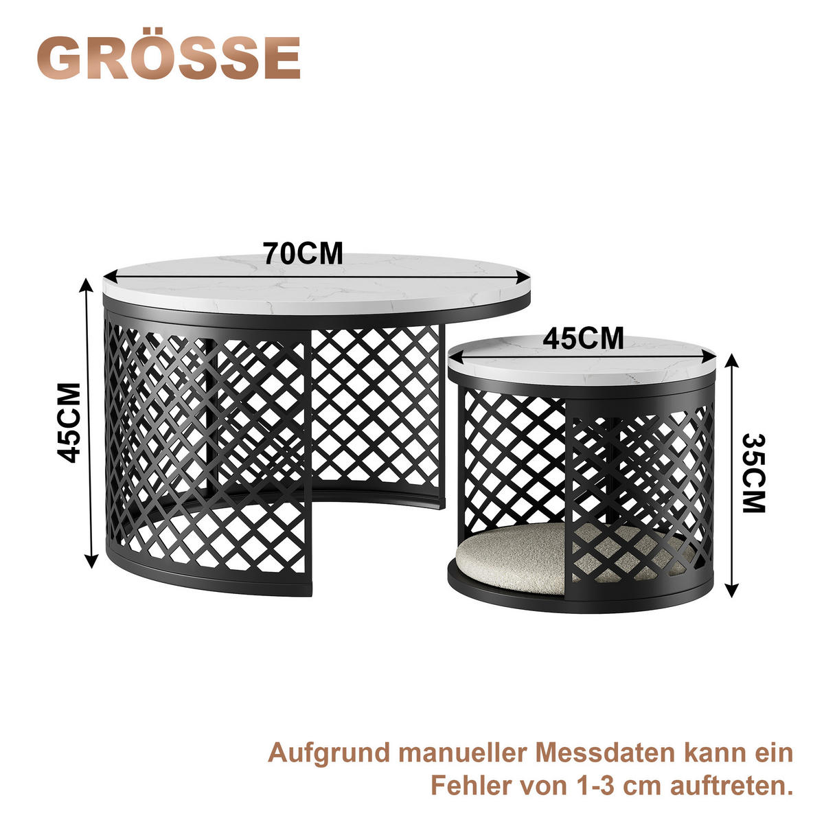 COUCHTISCH-SET 70/70/45 cm und 45/45/35 cm mit Marmor-Optik, pet-freundlich und stapelbar, Weiß - Weiß, Metall (70/70/45cm) - Redom