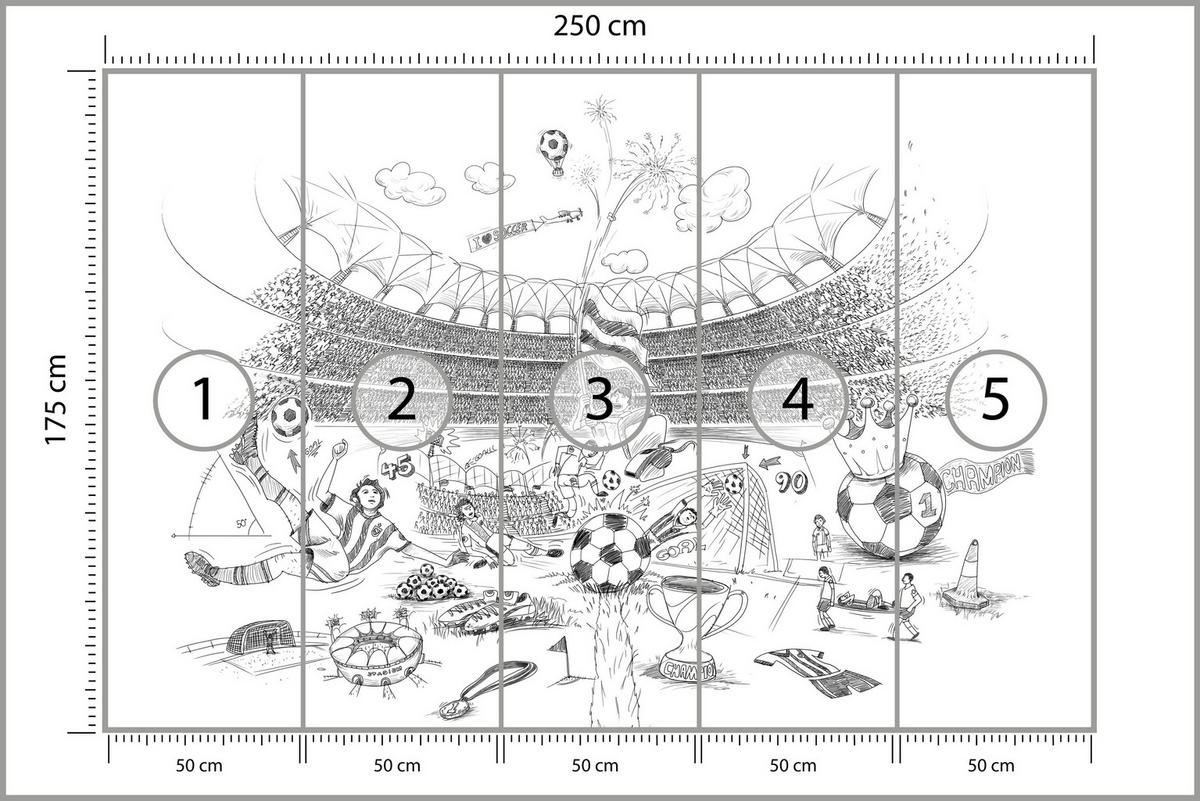 FOTOTAPETE für Kinderzimmer Fußballstadion Skizze Spieler Ball Pokal Sport 250x175 - Weiß/Grau, Papier (250/175cm) - Muralo