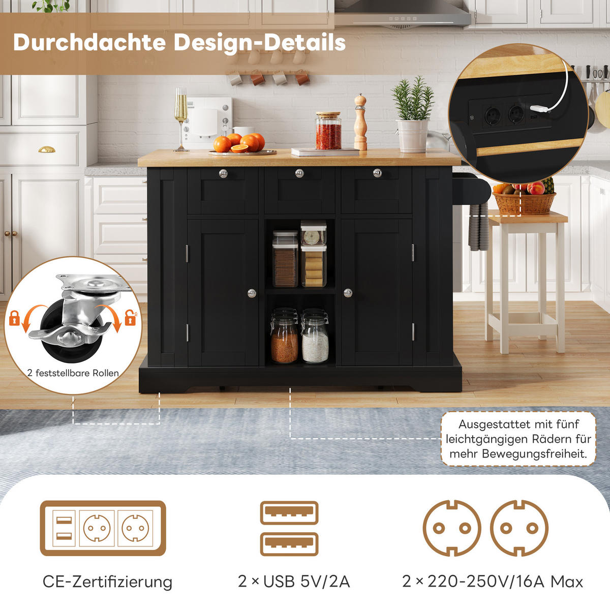 KÜCHENINSEL 132/40(70)/87 cm Natur/Schwarz mit Steckdose - Schwarz, Holzwerkstoff (132/87/70cm) - OKWISH