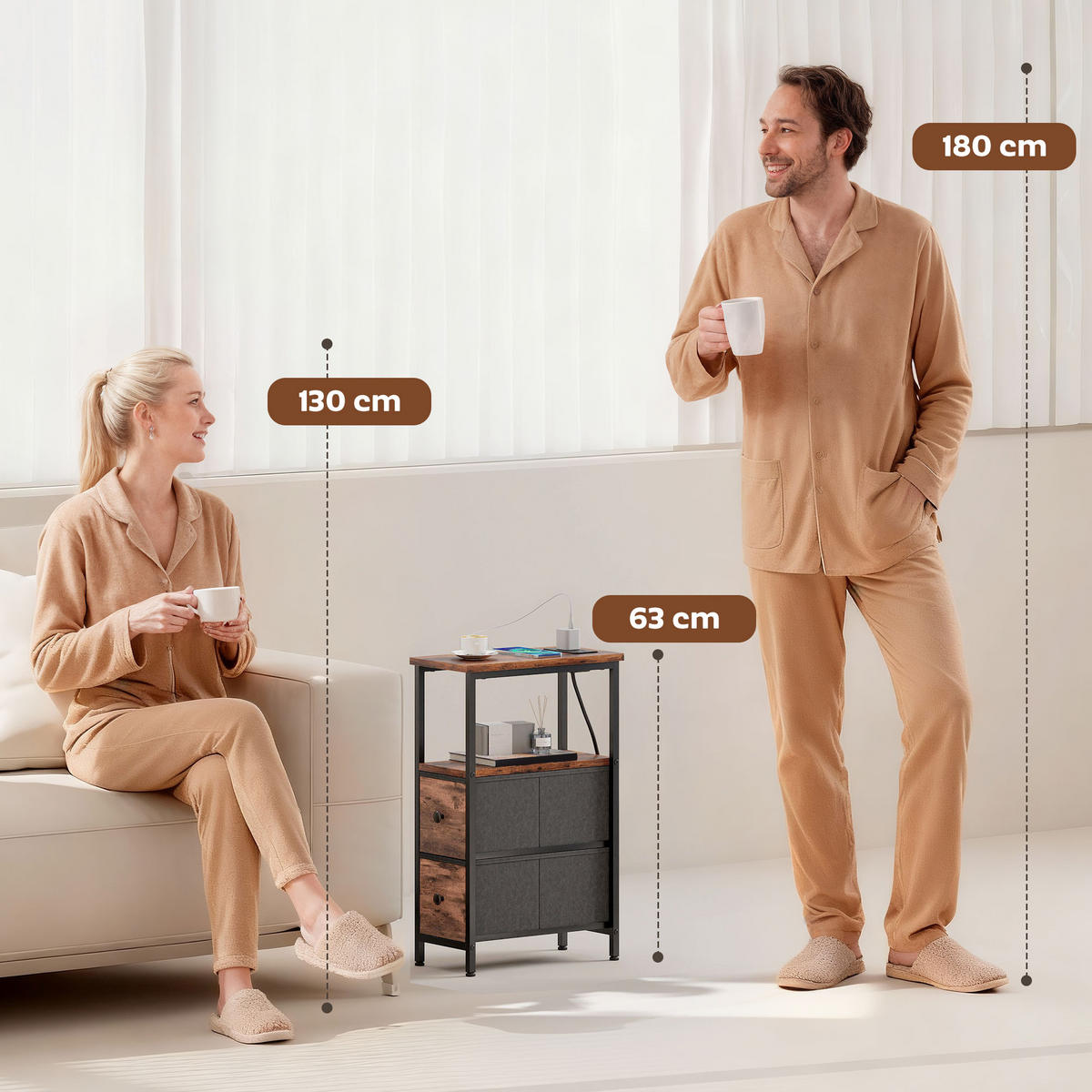 BEISTELLTISCH DE-08771 mit Ladestation & 2 Schubladen Rustikal-Braun - Braun, Metall (40/20/63cm) - ComfortXL