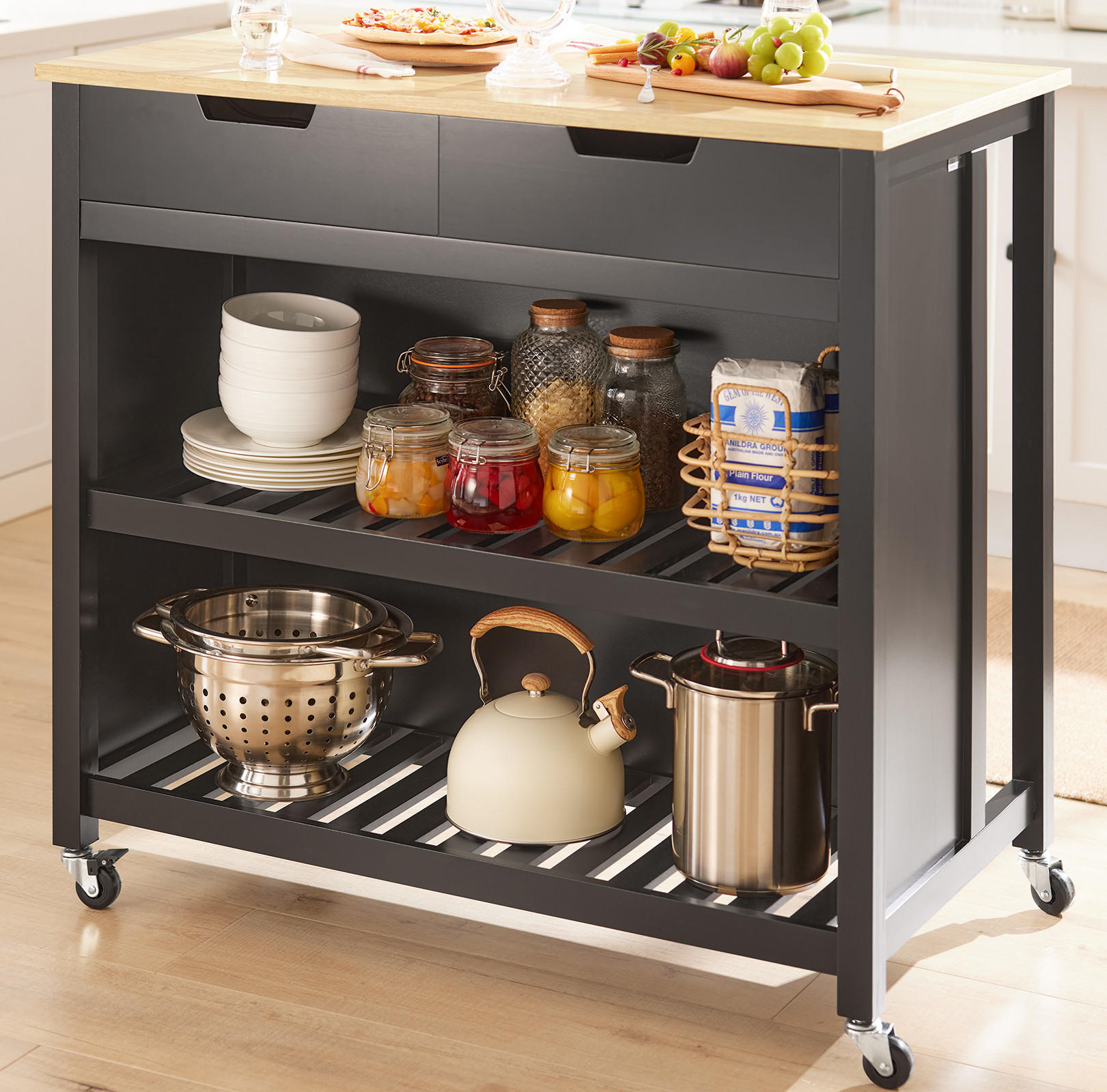 KÜCHENINSEL rollbar Schwarz - Schwarz, Holzwerkstoff (100/94/60cm) - SoBuy