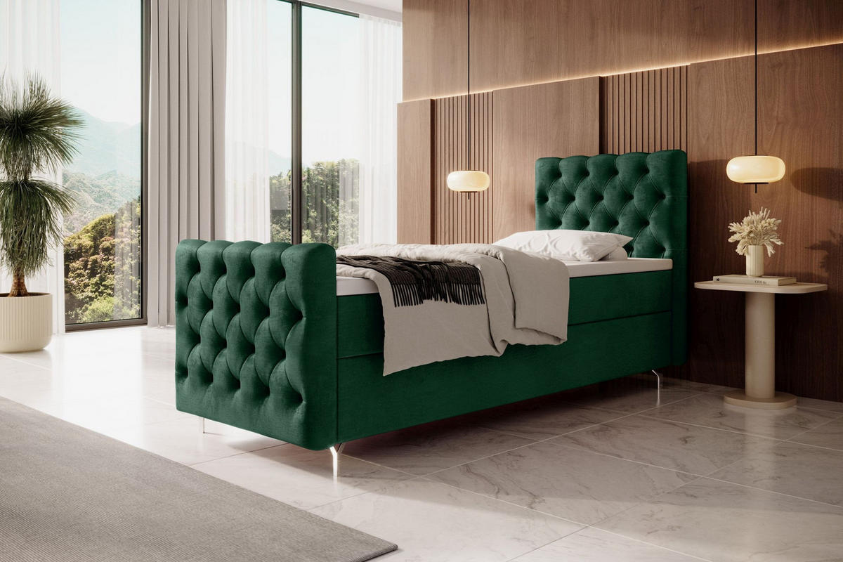 BOXBETT CHESTER PLUS mit Matratze H3, Bonell und Topper 80x200 Monolith 37 Links - Dunkelgrün, Textil (80/200cm) - Bedante