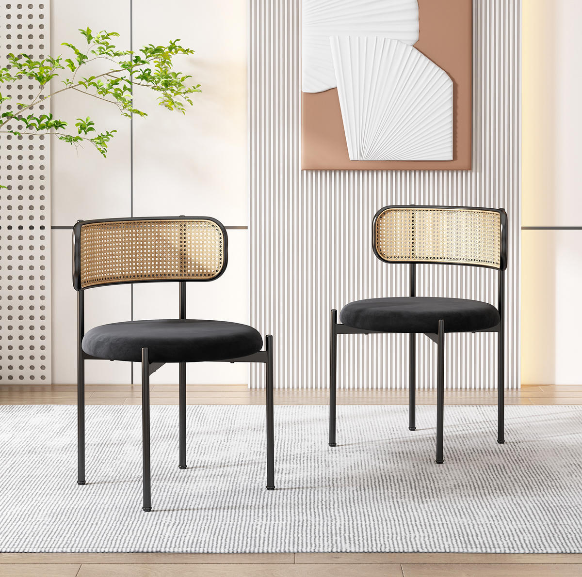 ESSZIMMERSTUHL 2er-Set Samt mit Rattan-Rückenlehne Schwarz - Schwarz, Metall (40/75/45cm) - Meubliv